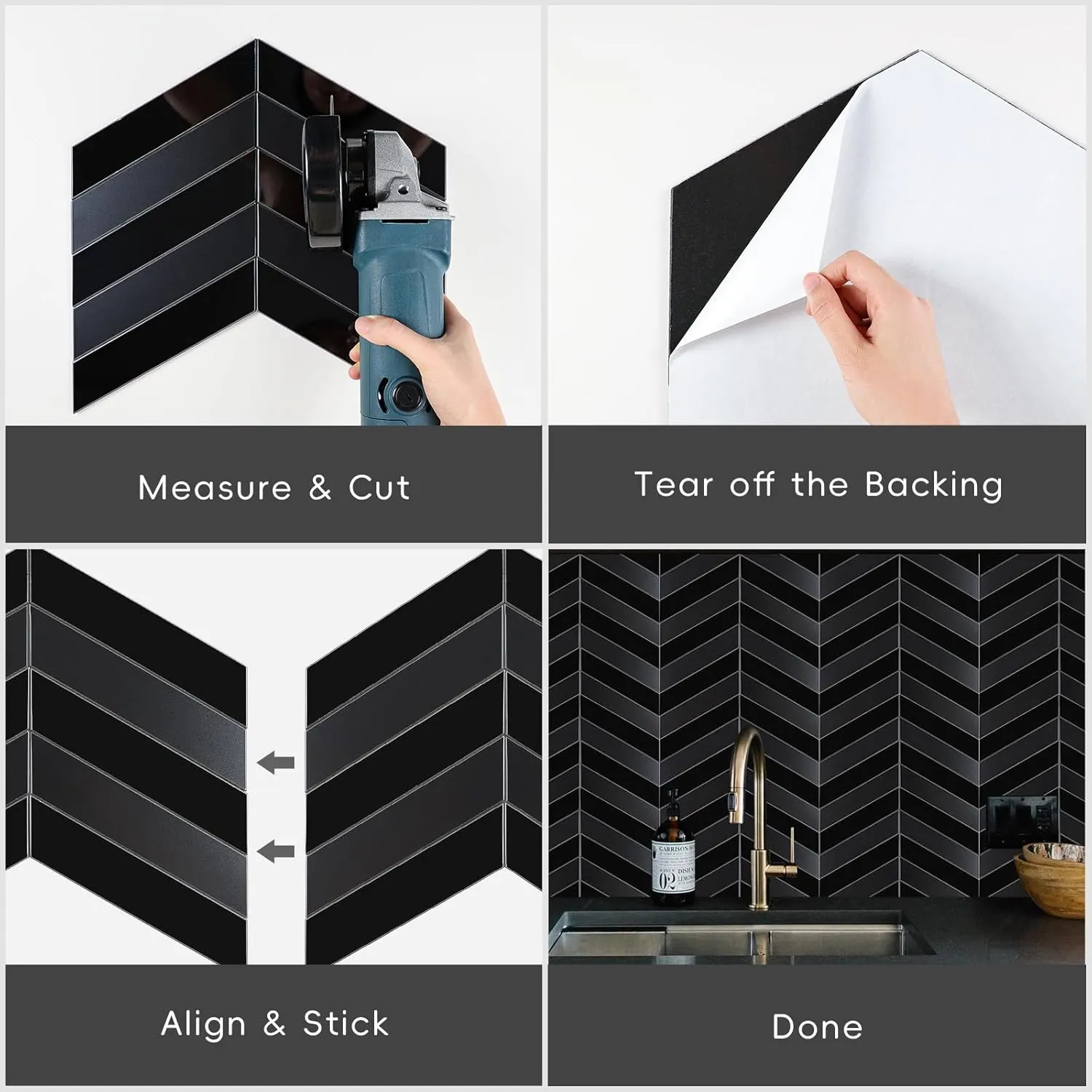Black Peel and Stick Backsplash Herringbone Tile, Chevron Backsplash Peel and Stick Wall Tiles for Kitchen Bathroom Fireplace (6 Sheets)