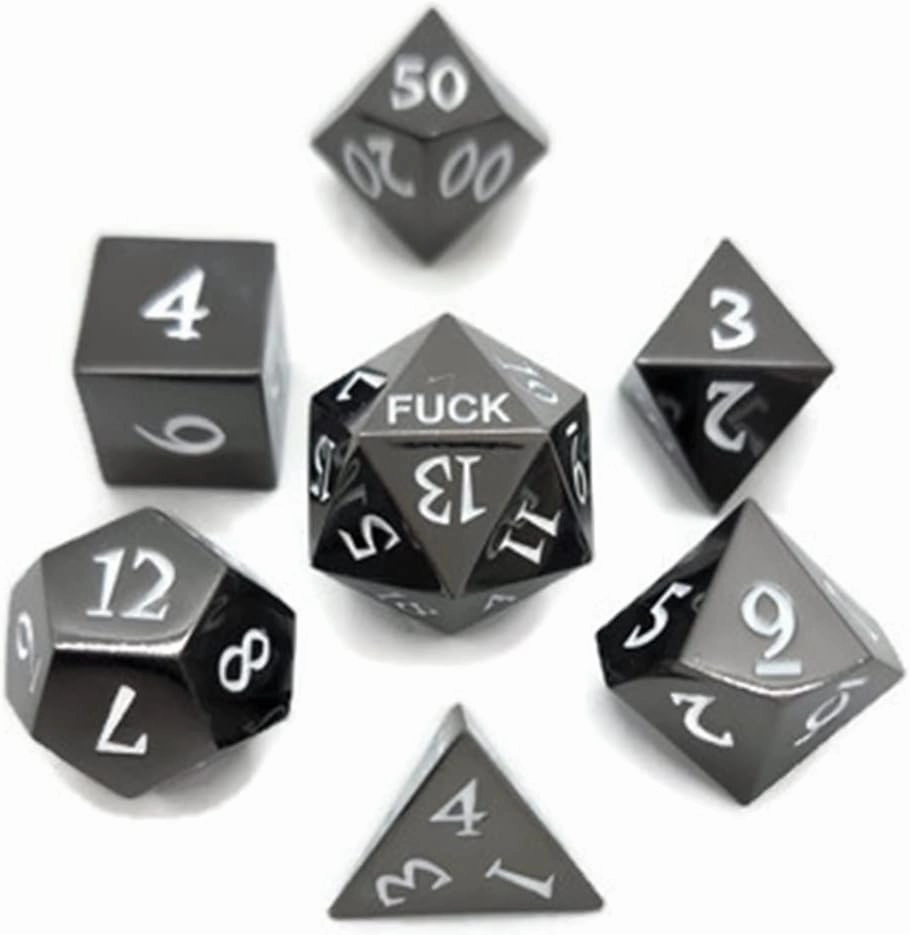 Black Metal D20 Set F Dice Critical Fail F*** 20 Sided Die Set DND Black Gunmetal Color Number for Role Playing Game Dungeons and Dragons D&D Pathfinder Shadowrun and Math Teaching