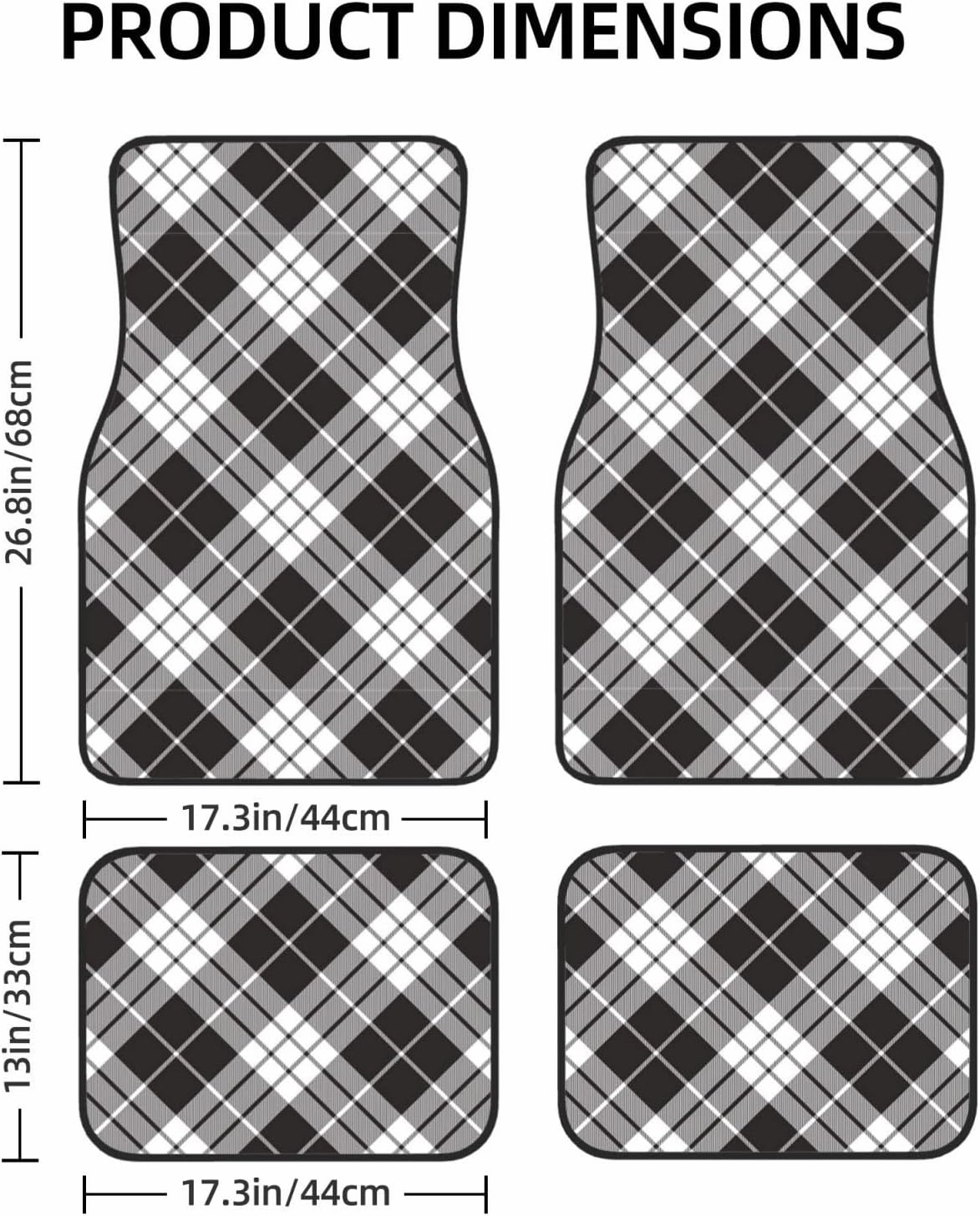Black Plaid Car Front and Rear Floor Mats, Anti Slip Car Mats, Complete Set of 4 Carpets, All Weather Protection