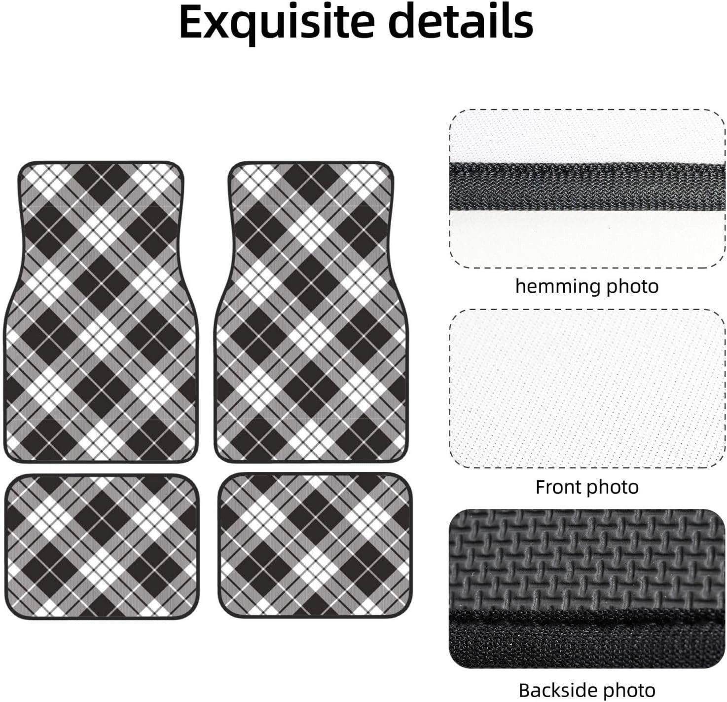 Black Plaid Car Front and Rear Floor Mats, Anti Slip Car Mats, Complete Set of 4 Carpets, All Weather Protection