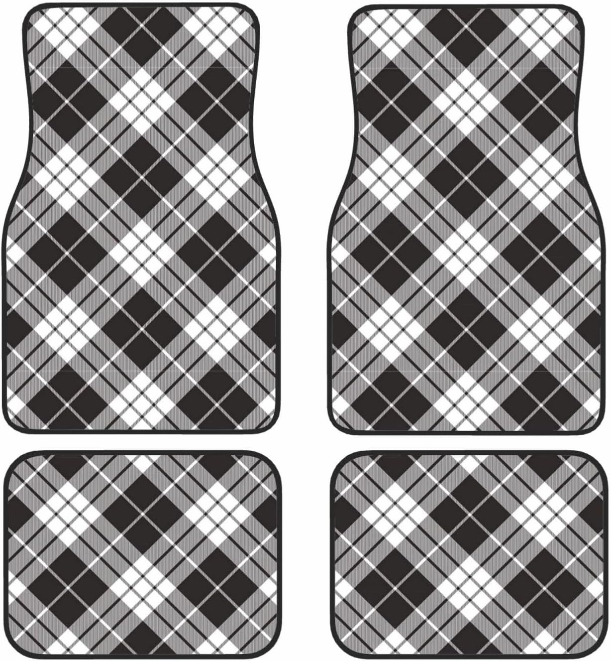 Black Plaid Car Front and Rear Floor Mats, Anti Slip Car Mats, Complete Set of 4 Carpets, All Weather Protection