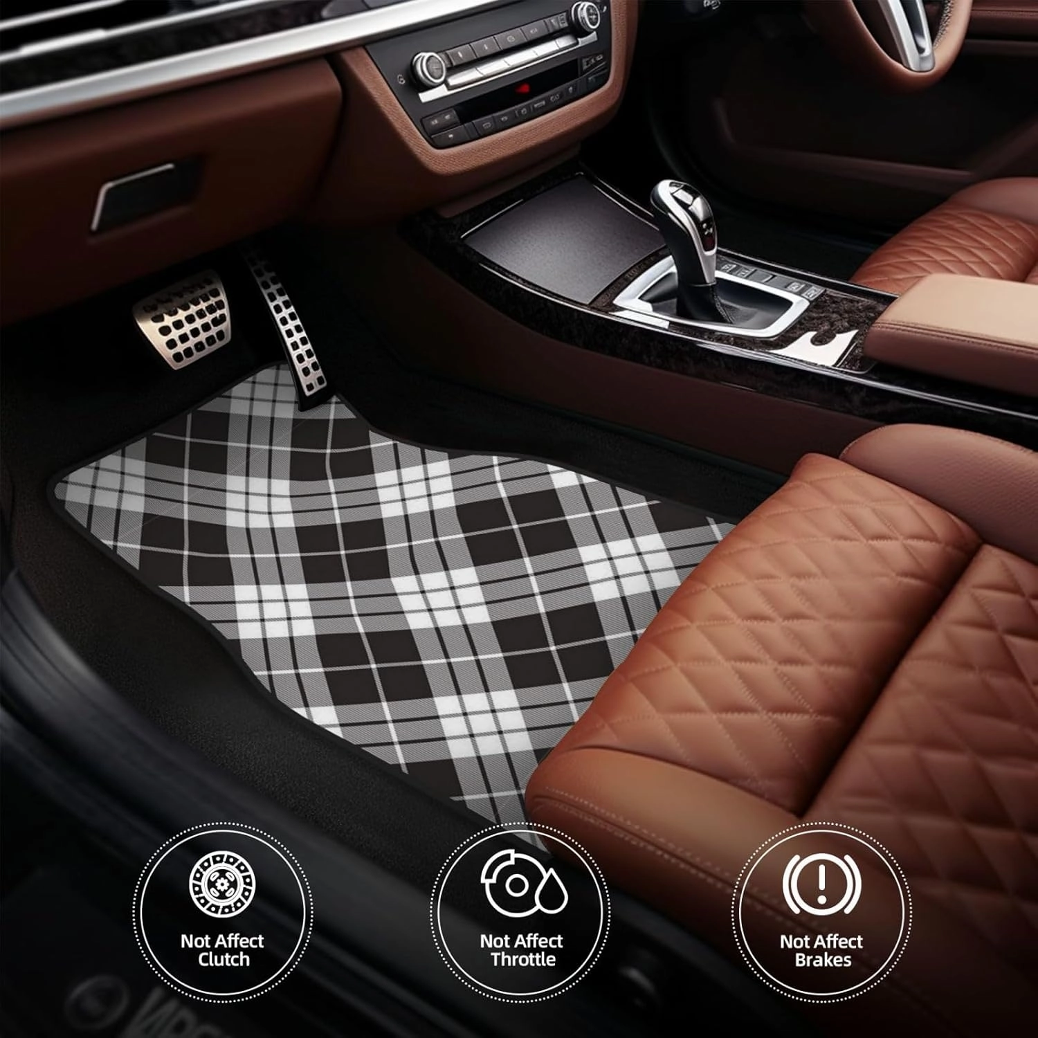Black Plaid Car Front and Rear Floor Mats, Anti Slip Car Mats, Complete Set of 4 Carpets, All Weather Protection