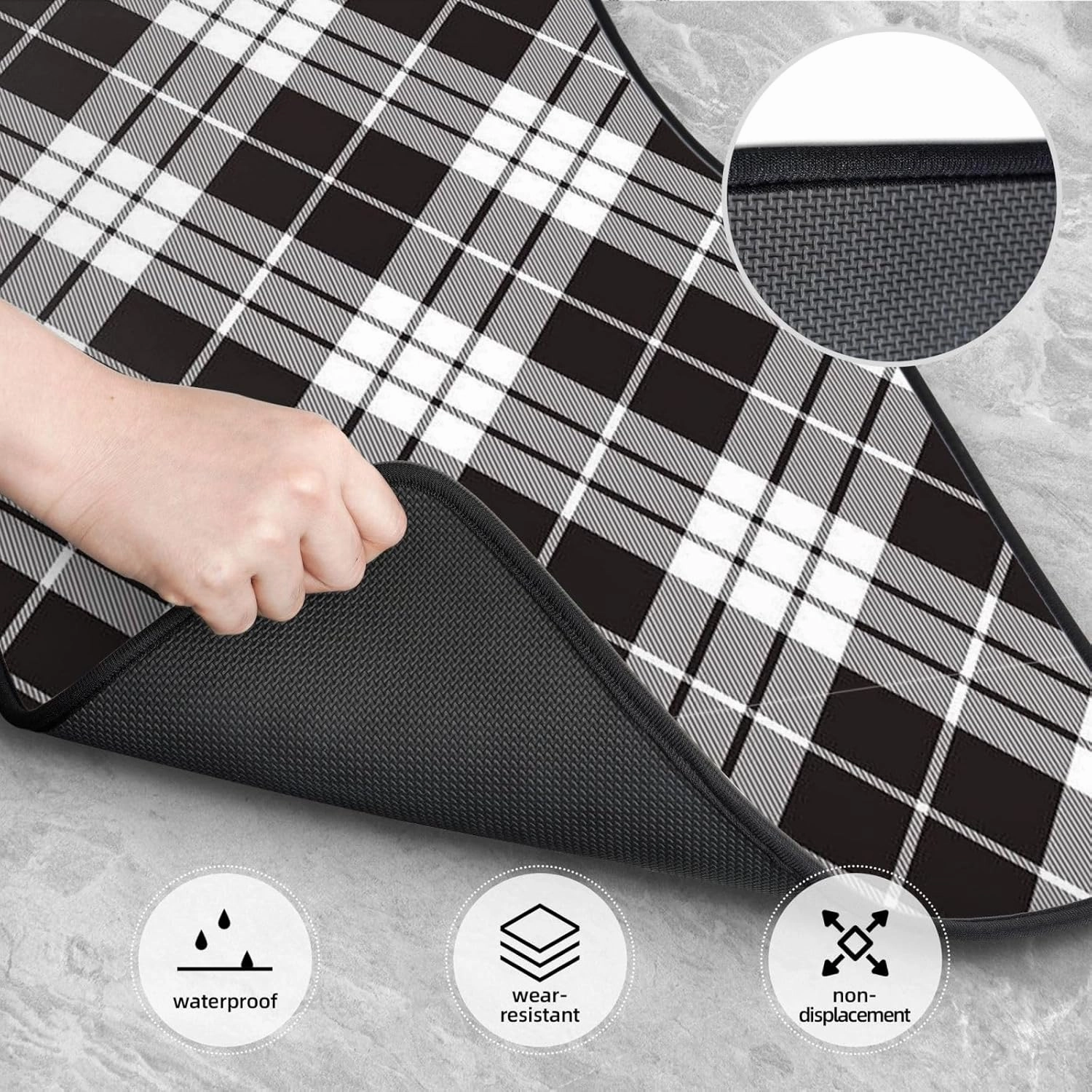 Black Plaid Car Front and Rear Floor Mats, Anti Slip Car Mats, Complete Set of 4 Carpets, All Weather Protection
