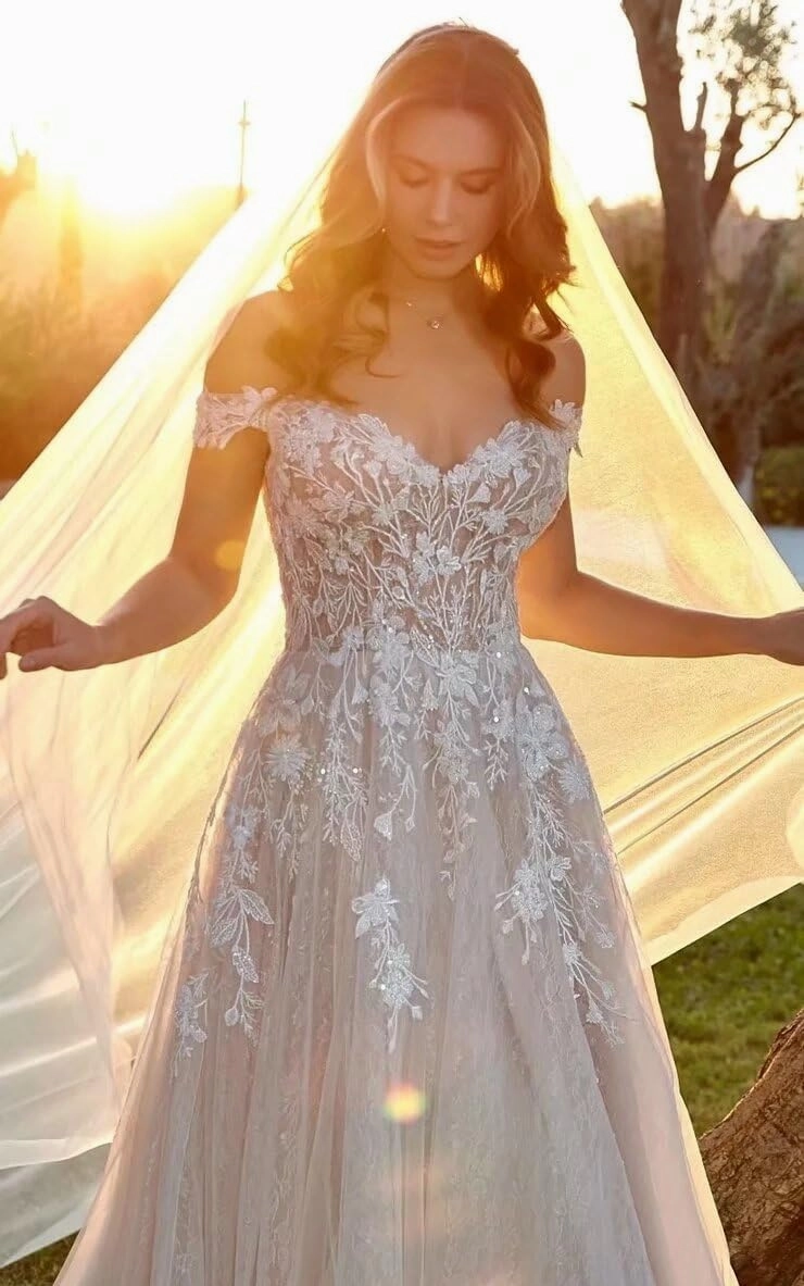 Boho Off Shoulder Tulle Wedding Dresses for Bride Lace Applique Long Train Bridal Gowns