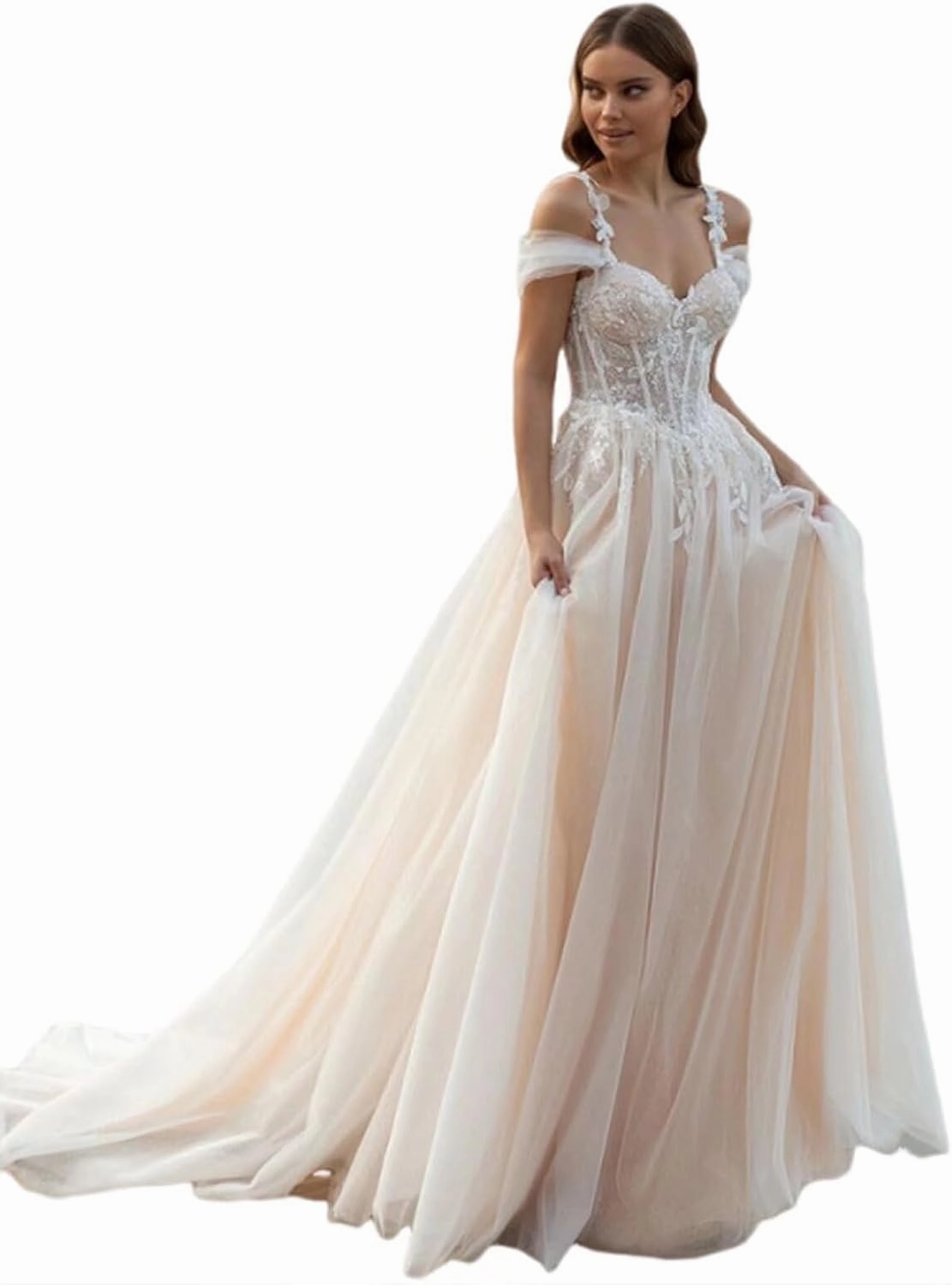 Boho Off Shoulder Tulle Wedding Dresses for Bride Lace Applique Long Train Bridal Gowns