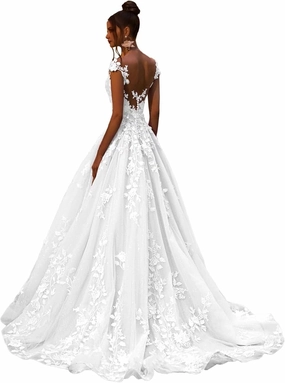 Boho Off Shoulder Tulle Wedding Dresses for Bride Lace Applique Long Train Bridal Gowns