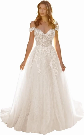 Boho Off Shoulder Tulle Wedding Dresses for Bride Lace Applique Long Train Bridal Gowns