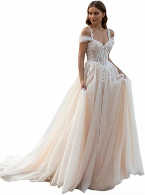 Boho Off Shoulder Tulle Wedding Dresses for Bride Lace Applique Long Train Bridal Gowns