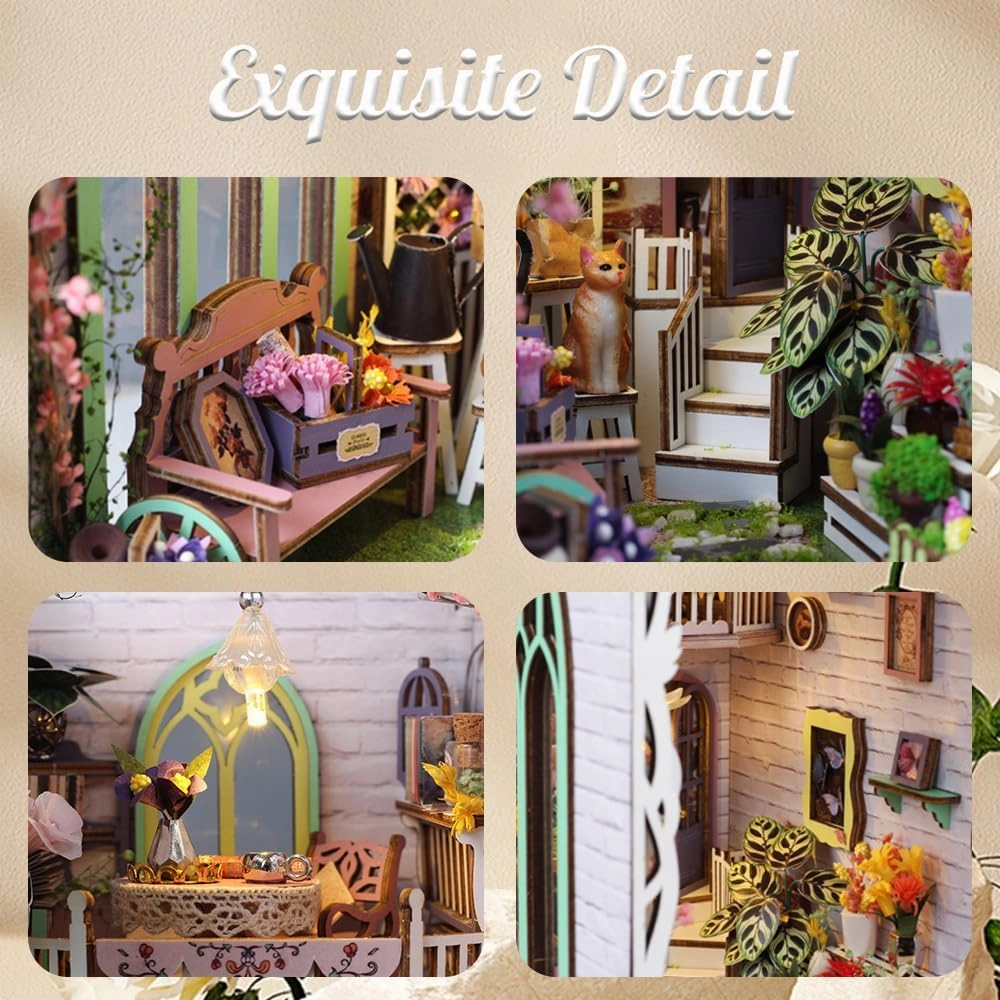 Book Nook Kit, DIY Dollhouse Booknook, Mini Doll House, with LED Lights, Room Model Kit for 14  Teens and Adults Building, Creativity Gift, Home, Bookshelf Decor(Gardenhouse)
