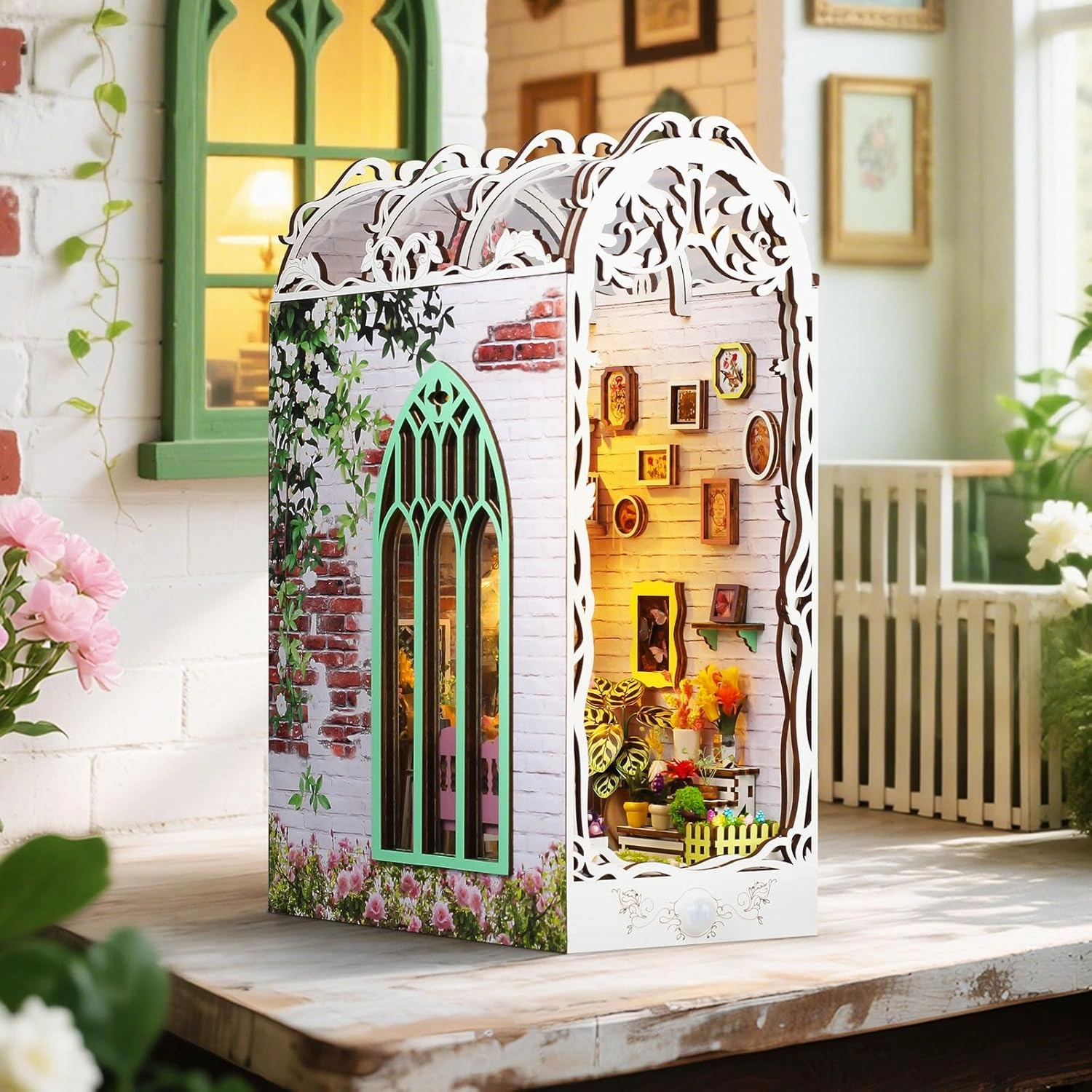 Book Nook Kit, DIY Dollhouse Booknook, Mini Doll House, with LED Lights, Room Model Kit for 14  Teens and Adults Building, Creativity Gift, Home, Bookshelf Decor(Gardenhouse)