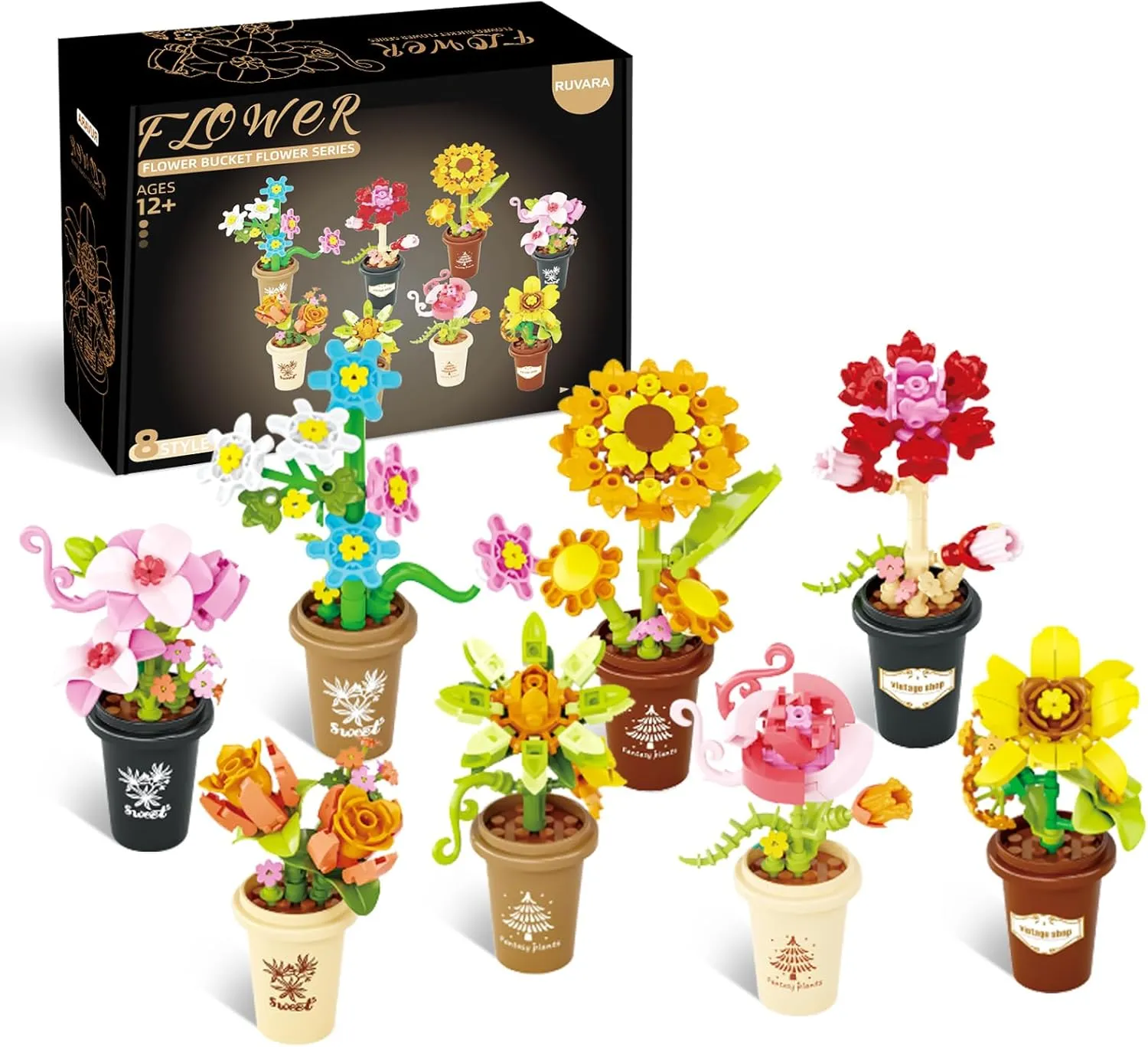 Botanical Flowers Building Set - 8 Pack Indoor Tiny Plants Bonsai Toys for Desk Office Decor, Creative Party Favors Gifts for Boys Girls Ages 12 