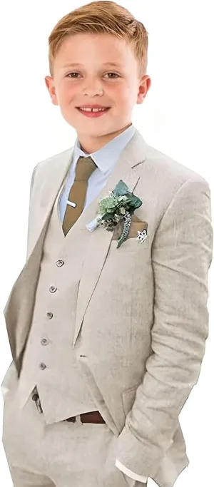 Boys Linen Suit 3 Piece Tuxedo Set Kids Seersucker Formal Outfit for Beach Wedding in Summer JTZ032