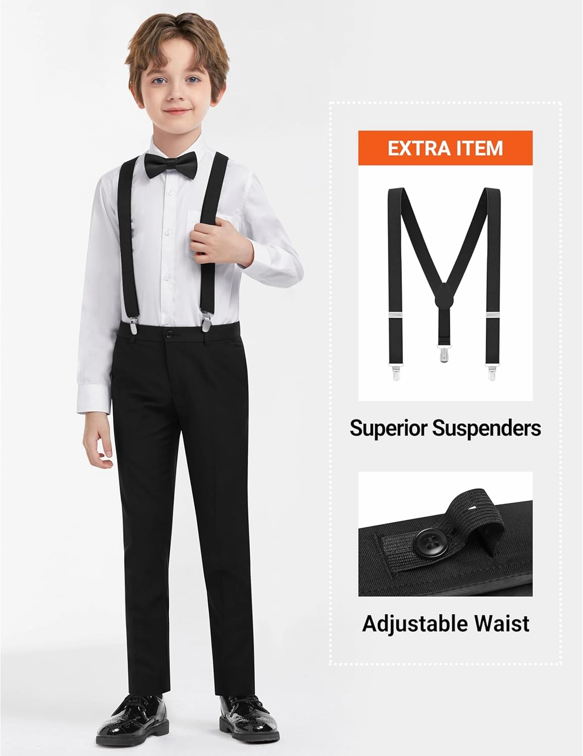 Boys Formal Suits Set, from Toddlers to Teen, Adjustable Waist, with Suspenders