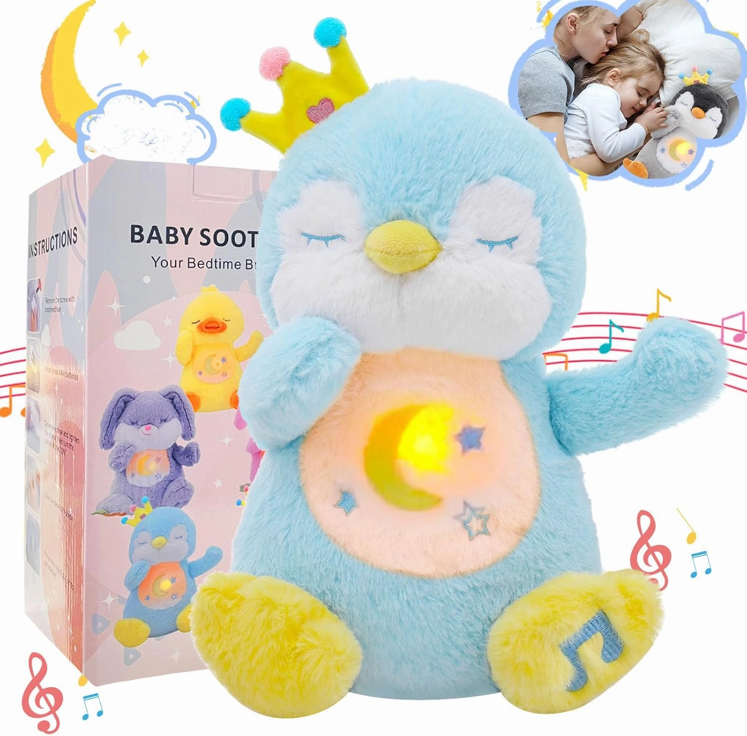 Breathing Stuffed Animal, Soothe Snuggle Penguin Plush, Sleep Buddy Soothing Breathing Stuffed Penguin for Anxiety Adults and Kids, Penguin Plushie with Realistic Breathing and Lights Music