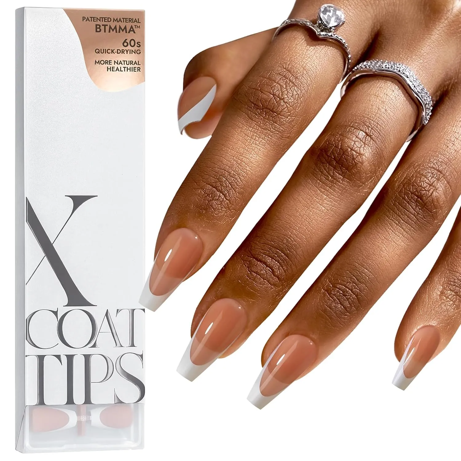 BTArtboxnails French Tip Gel Nails - XCOATTIPS Modern French Tip Press On Nails Medium, Brown Coffin Fake Nails, Pre-applied Tip Primer & Base Coat, No Need File False Nails for Gift Home DIY