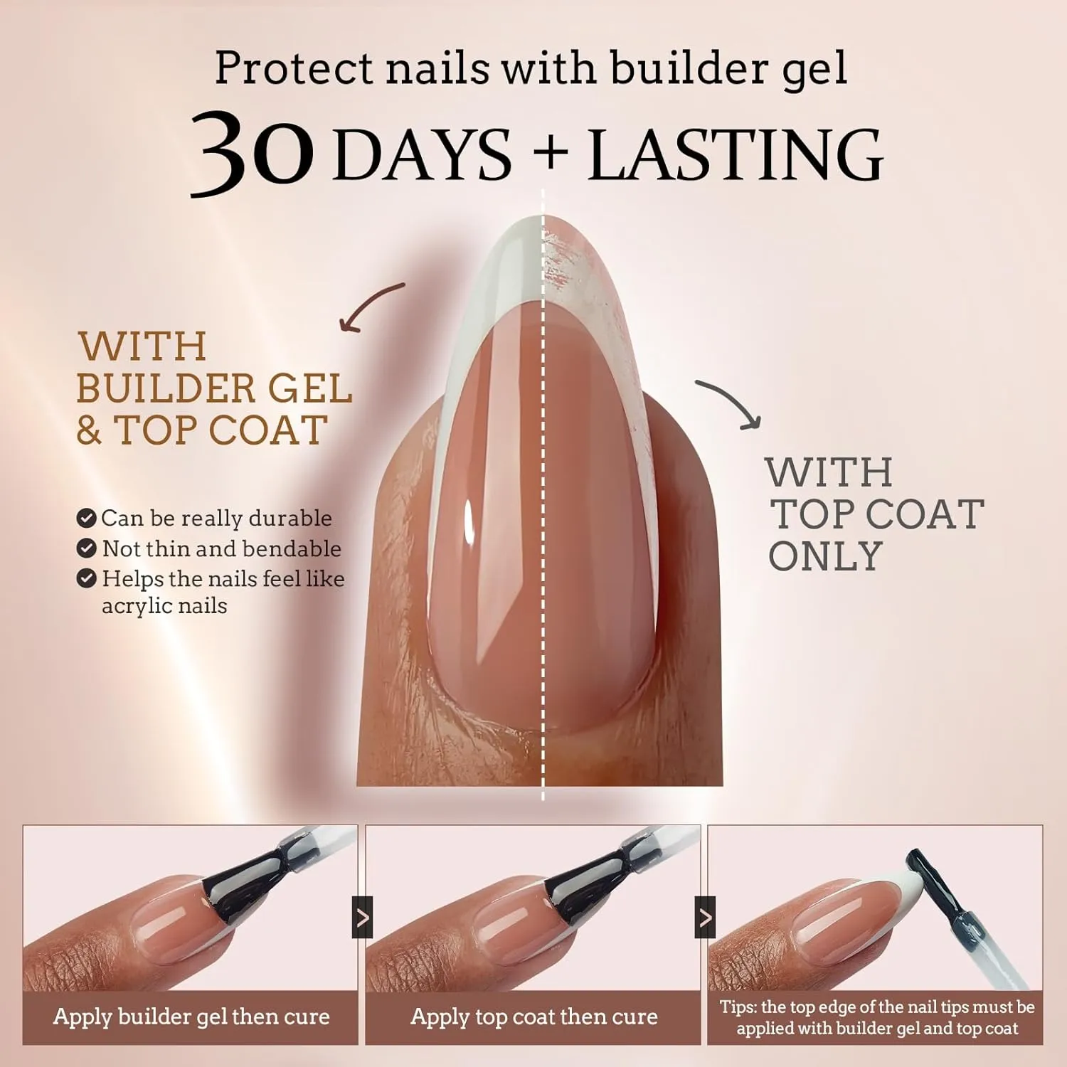 BTArtboxnails French Tip Gel Nails - XCOATTIPS Modern French Tip Press On Nails Medium, Brown Coffin Fake Nails, Pre-applied Tip Primer & Base Coat, No Need File False Nails for Gift Home DIY