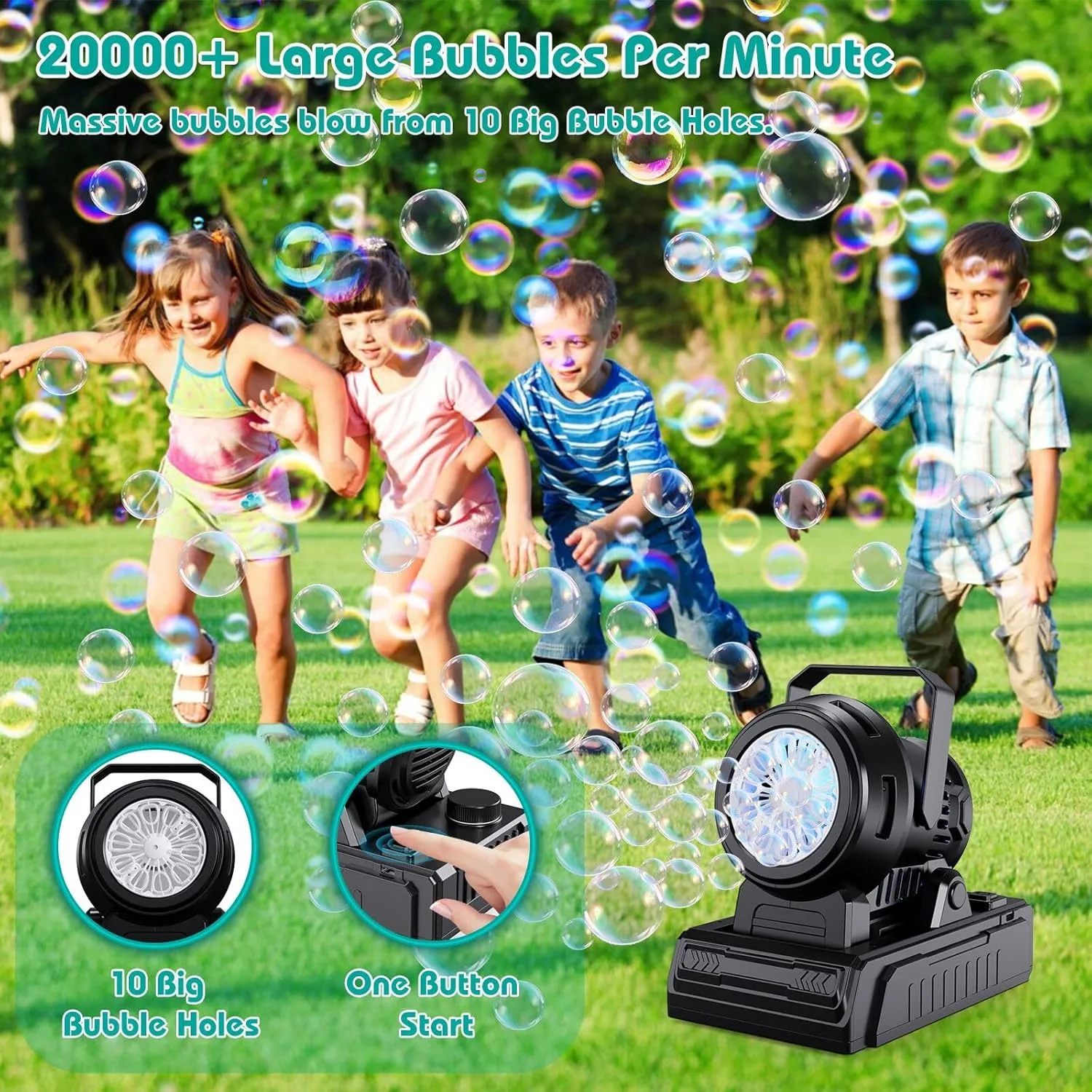 Bubble Machine Adjustable Angle, 10 Big Holes Automatic Bubble Blower Machine for Kids 20000  Big Bubbles with Solution, Portable Bubble Maker Outdoor Toys for Garden Party Wedding-Black