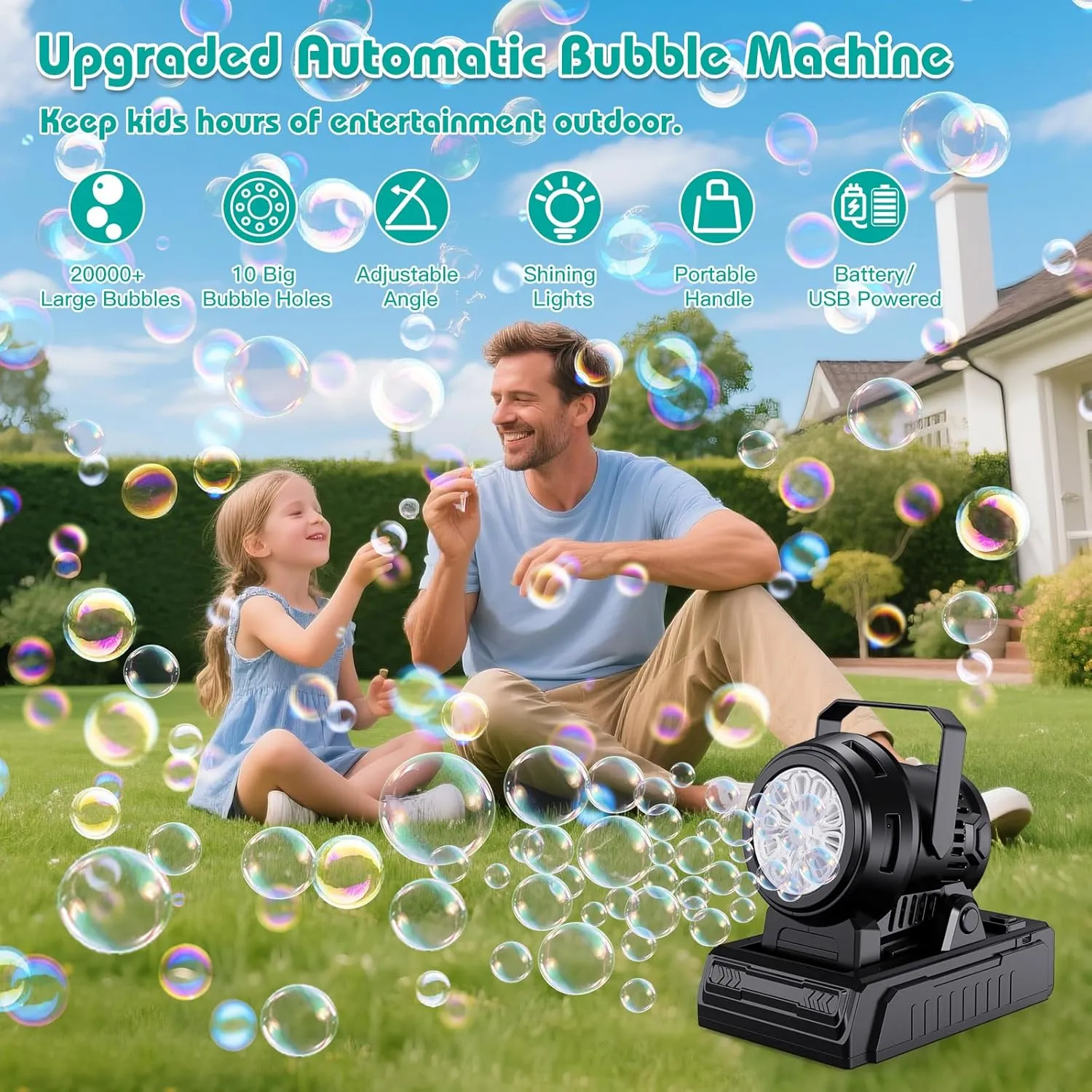 Bubble Machine Adjustable Angle, 10 Big Holes Automatic Bubble Blower Machine for Kids 20000  Big Bubbles with Solution, Portable Bubble Maker Outdoor Toys for Garden Party Wedding-Black