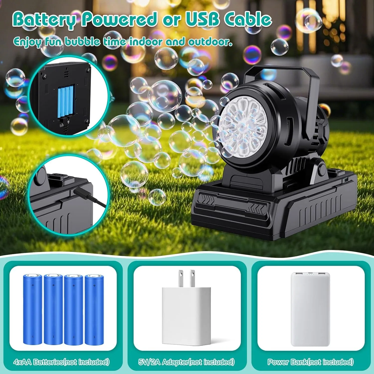 Bubble Machine Adjustable Angle, 10 Big Holes Automatic Bubble Blower Machine for Kids 20000  Big Bubbles with Solution, Portable Bubble Maker Outdoor Toys for Garden Party Wedding-Black