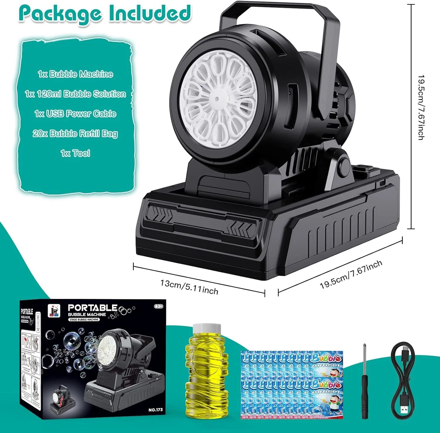 Bubble Machine Adjustable Angle, 10 Big Holes Automatic Bubble Blower Machine for Kids 20000  Big Bubbles with Solution, Portable Bubble Maker Outdoor Toys for Garden Party Wedding-Black