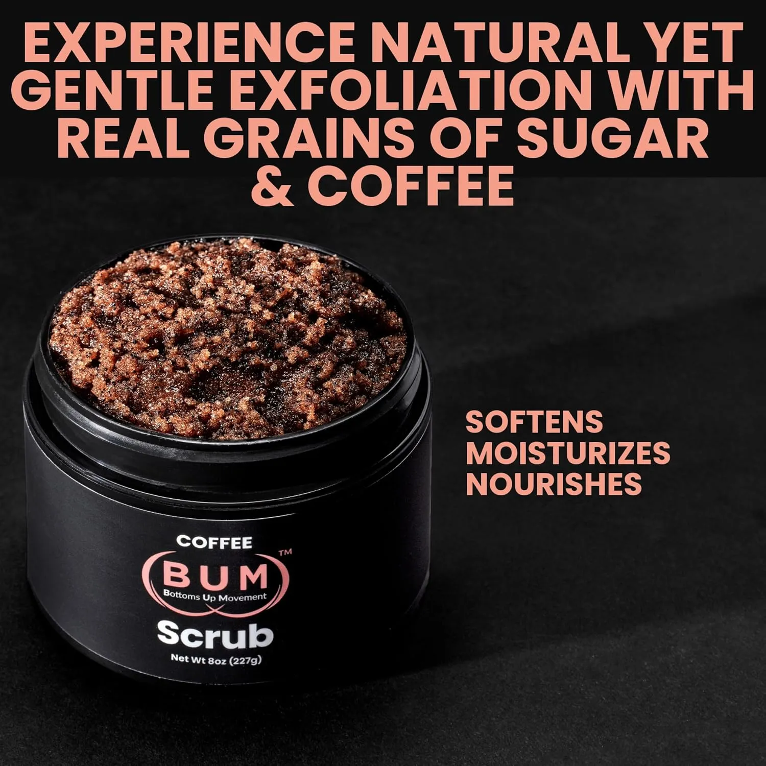 (BUM) Coffee Scrub - Exfoliating Sugar Body Polish, Hydrates, Moisturizes, Anti Cellulite & Stretchmark Treatment, with Organic Shea, Coconut Oil, Rosehip, Vitamin E, & Jojoba, Natural Deodorant, 8oz