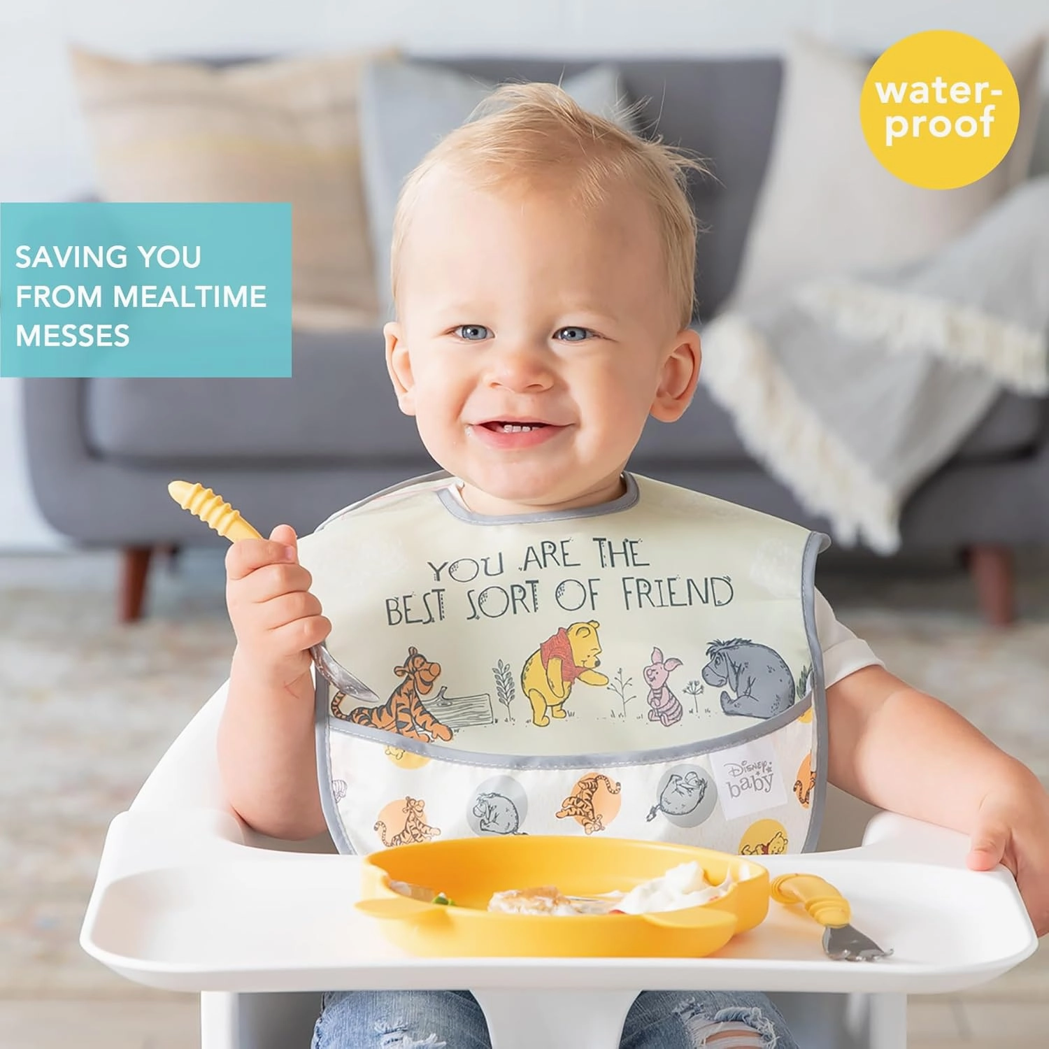 Bumkins Disney Bibs for Girl or Boy, SuperBib Baby and Toddler 6-24 Months, Essential Must Have for Eating, Feeding, Baby Led Weaning, Mess Saving Waterproof Soft Fabric, 3-pk Pooh Bear and Friends