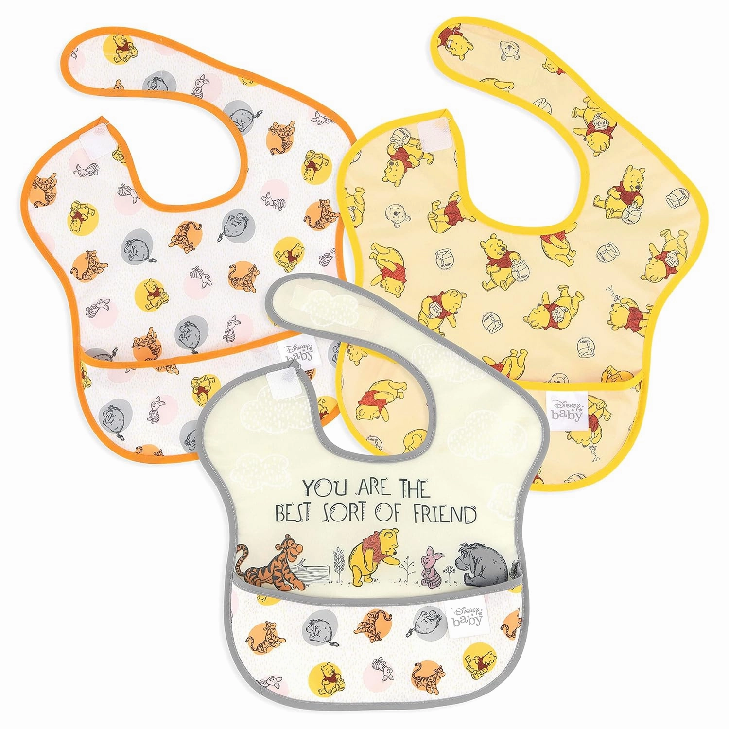 Bumkins Disney Bibs for Girl or Boy, SuperBib Baby and Toddler 6-24 Months, Essential Must Have for Eating, Feeding, Baby Led Weaning, Mess Saving Waterproof Soft Fabric, 3-pk Pooh Bear and Friends