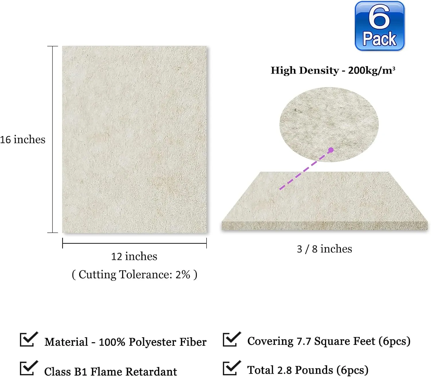 BXI Sound Absorber - 16 X 12 X 3/8 Inches 6 Pack High Density Acoustic Absorption Panel, Sound Absorbing Panels Reduce Echo Reverb, Tackable Acoustic Panels for Wall and Ceiling Acoustic Treatment