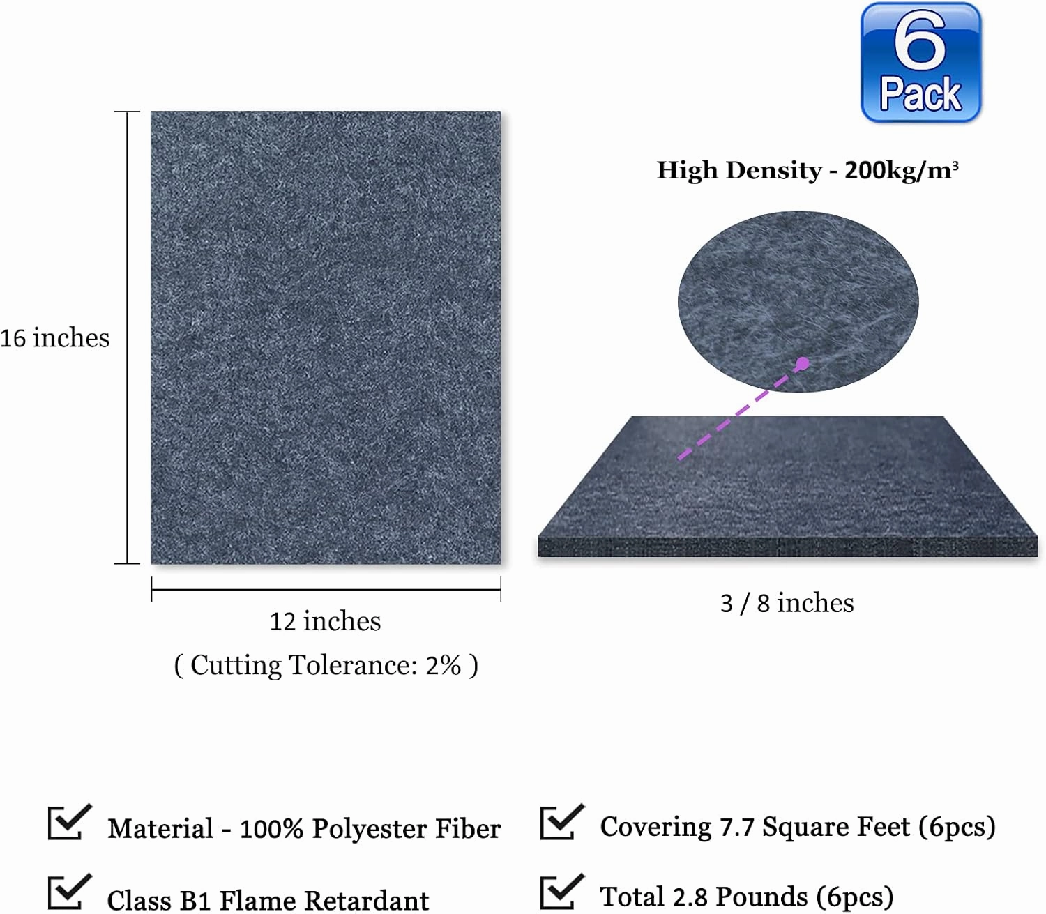 BXI Sound Absorber - 16 X 12 X 3/8 Inches 6 Pack High Density Acoustic Absorption Panel, Sound Absorbing Panels Reduce Echo Reverb, Tackable Acoustic Panels for Wall and Ceiling Acoustic Treatment