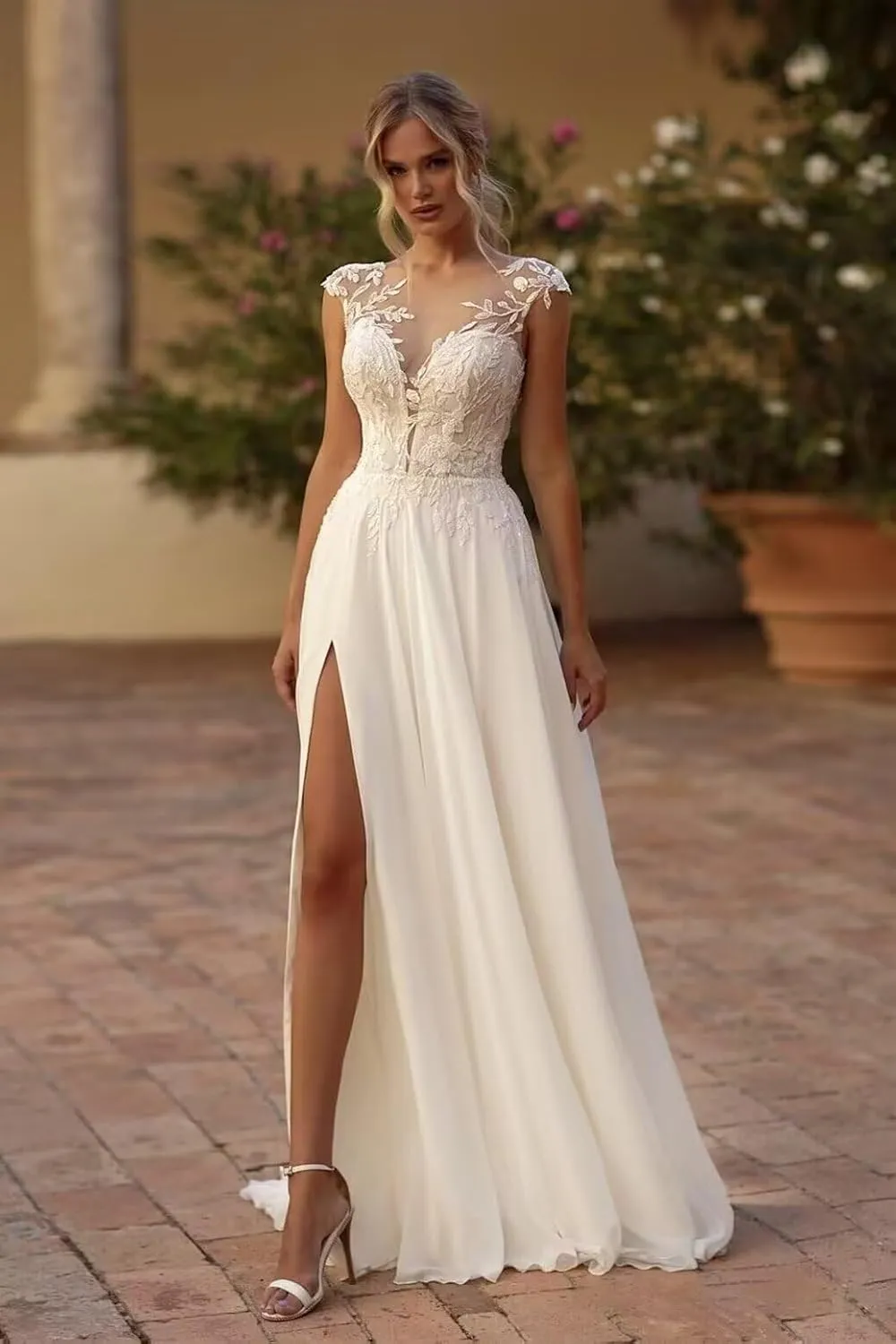 Cadoly Simple Boho Beach Wedding Dresses for Women Bride 2025 Summer Chiffon A-Line Lace Applique Bridal Gown