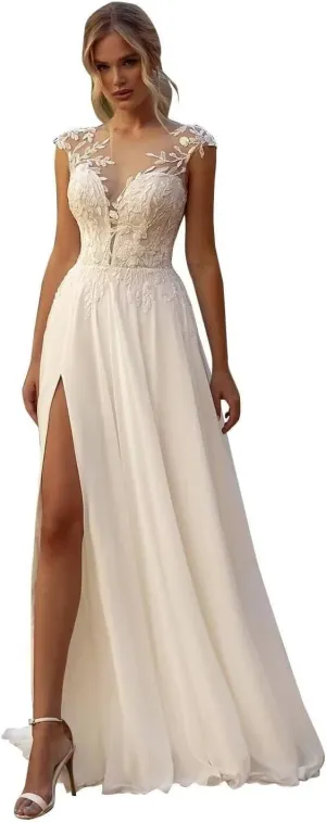Cadoly Simple Boho Beach Wedding Dresses for Women Bride 2025 Summer Chiffon A-Line Lace Applique Bridal Gown