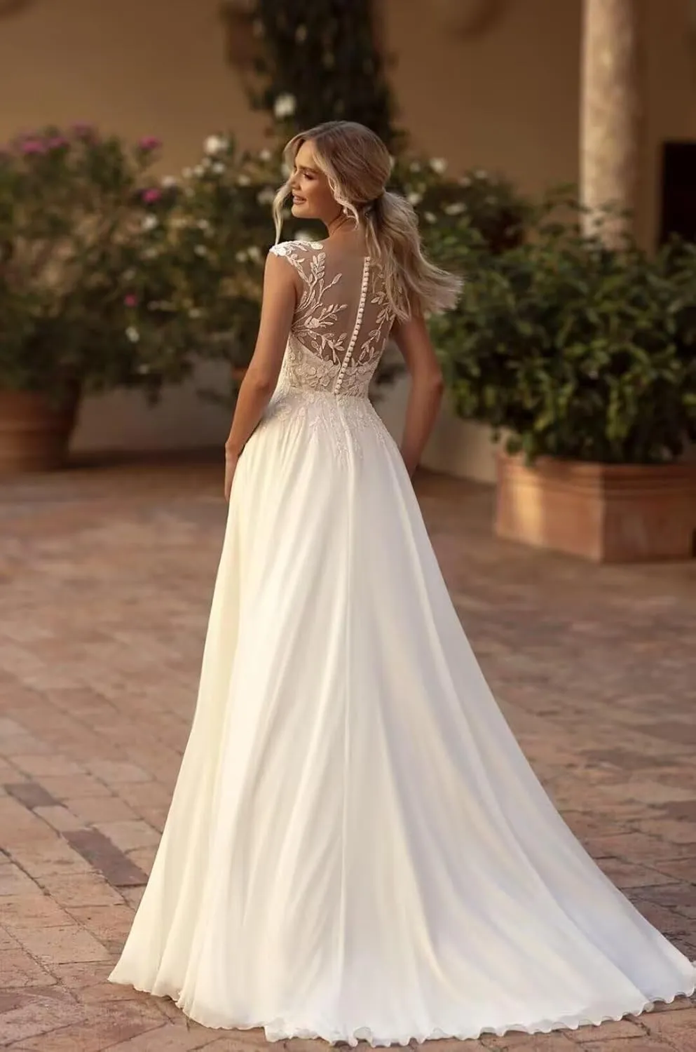 Cadoly Simple Boho Beach Wedding Dresses for Women Bride 2025 Summer Chiffon A-Line Lace Applique Bridal Gown