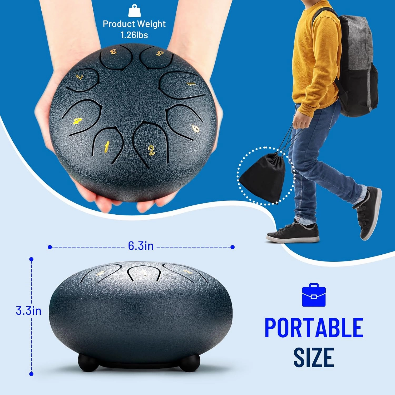 CAHAYA Steel Rain Drum 6-Inch: 8 Notes Steel Tongue Drum with Mallets Finger Paddles Percussion Handpan for Kids Friends Moms Meditation Gift Navy Blue