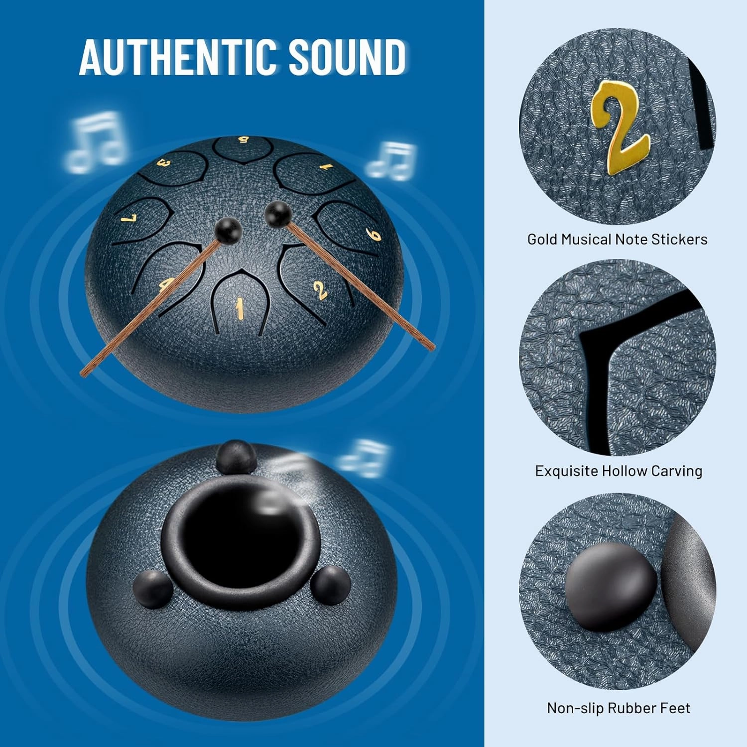CAHAYA Steel Rain Drum 6-Inch: 8 Notes Steel Tongue Drum with Mallets Finger Paddles Percussion Handpan for Kids Friends Moms Meditation Gift Navy Blue