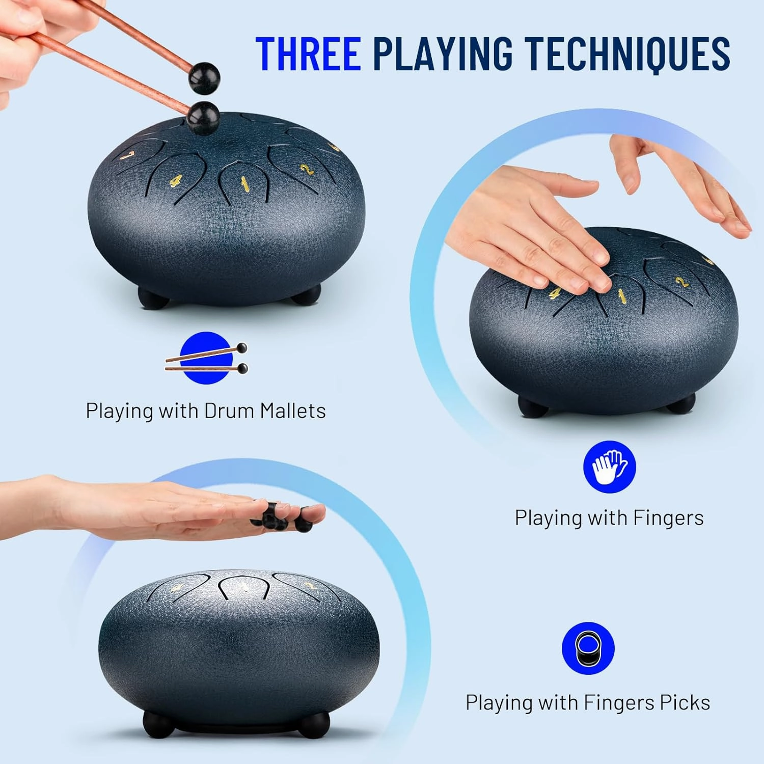 CAHAYA Steel Rain Drum 6-Inch: 8 Notes Steel Tongue Drum with Mallets Finger Paddles Percussion Handpan for Kids Friends Moms Meditation Gift Navy Blue