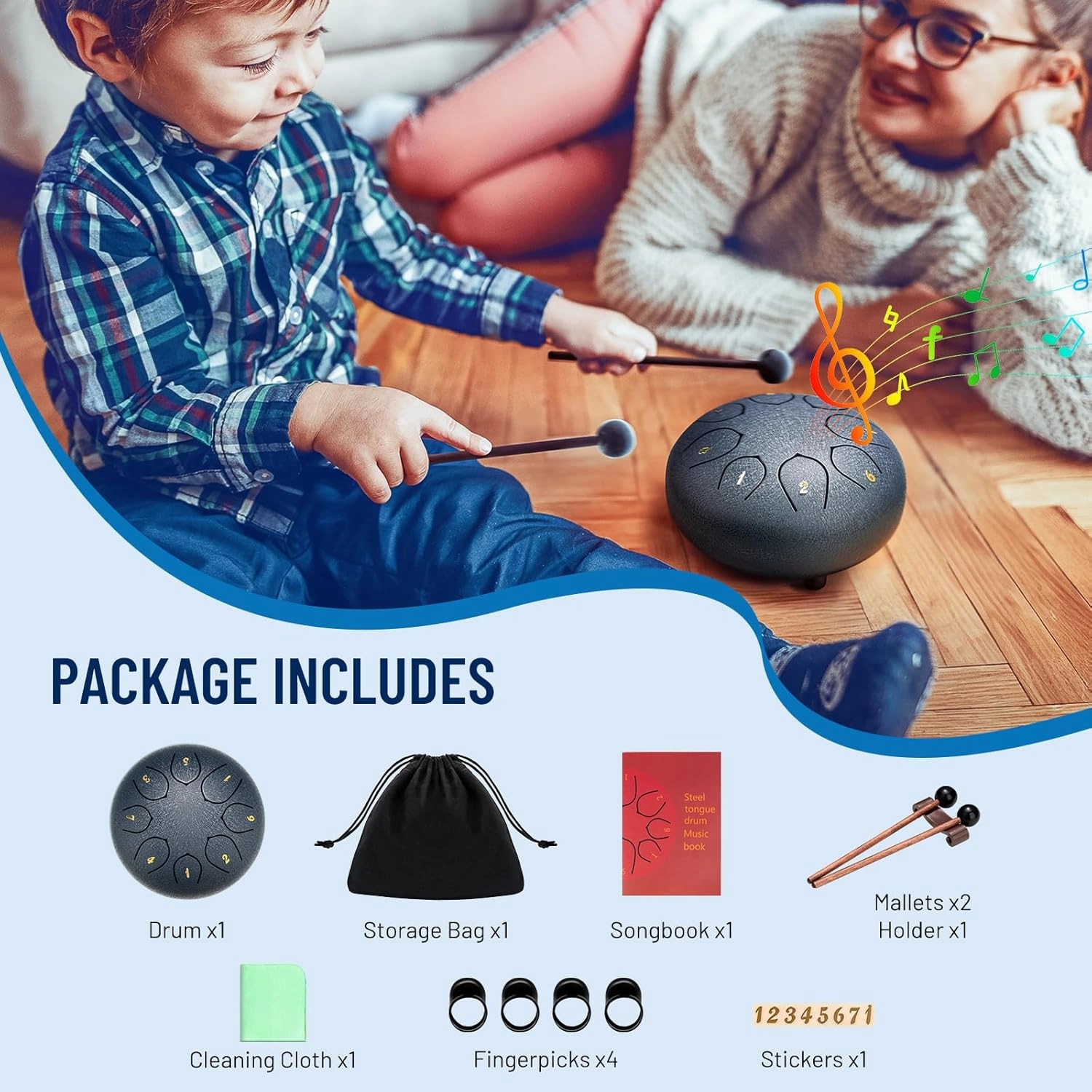 CAHAYA Steel Rain Drum 6-Inch: 8 Notes Steel Tongue Drum with Mallets Finger Paddles Percussion Handpan for Kids Friends Moms Meditation Gift Navy Blue