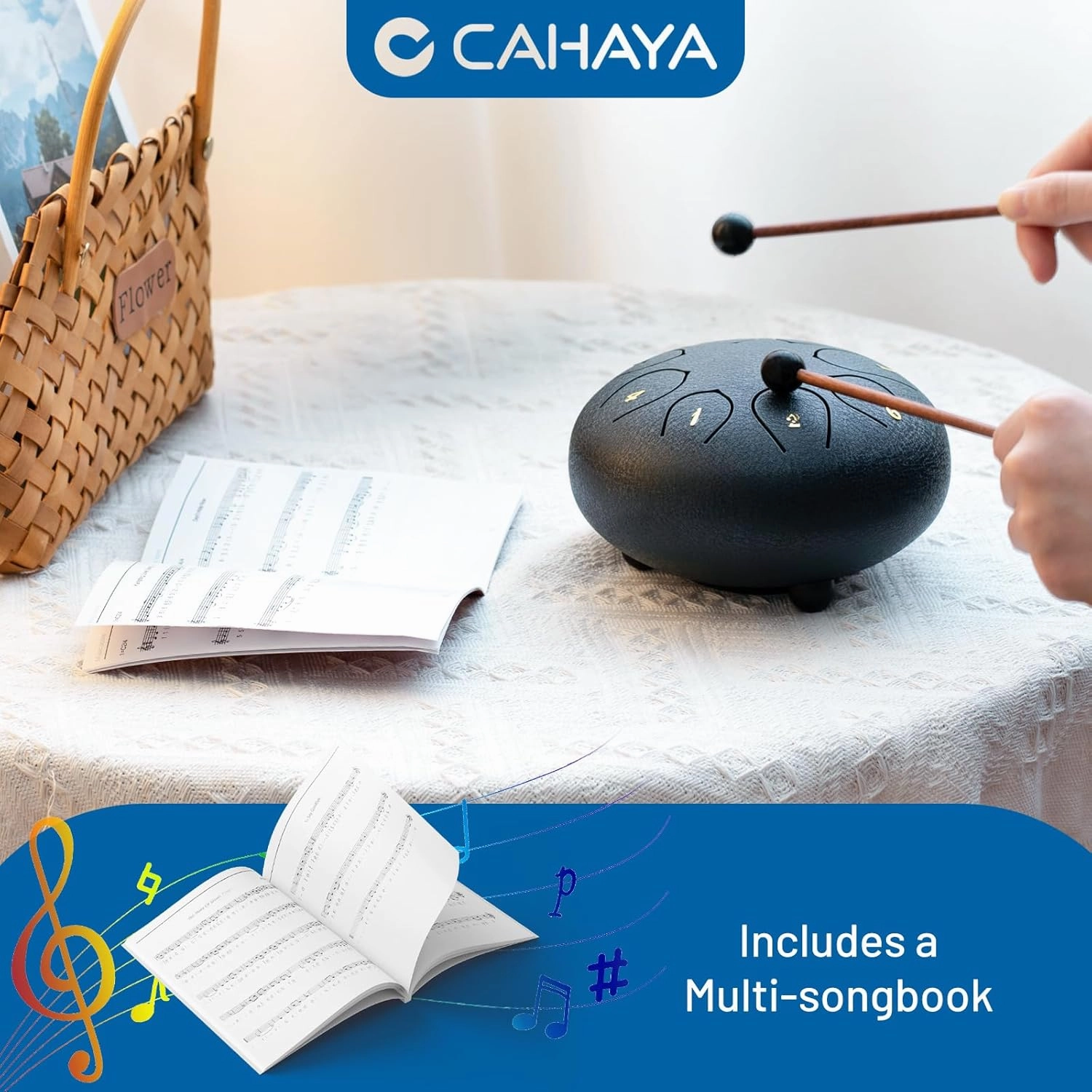 CAHAYA Steel Rain Drum 6-Inch: 8 Notes Steel Tongue Drum with Mallets Finger Paddles Percussion Handpan for Kids Friends Moms Meditation Gift Navy Blue