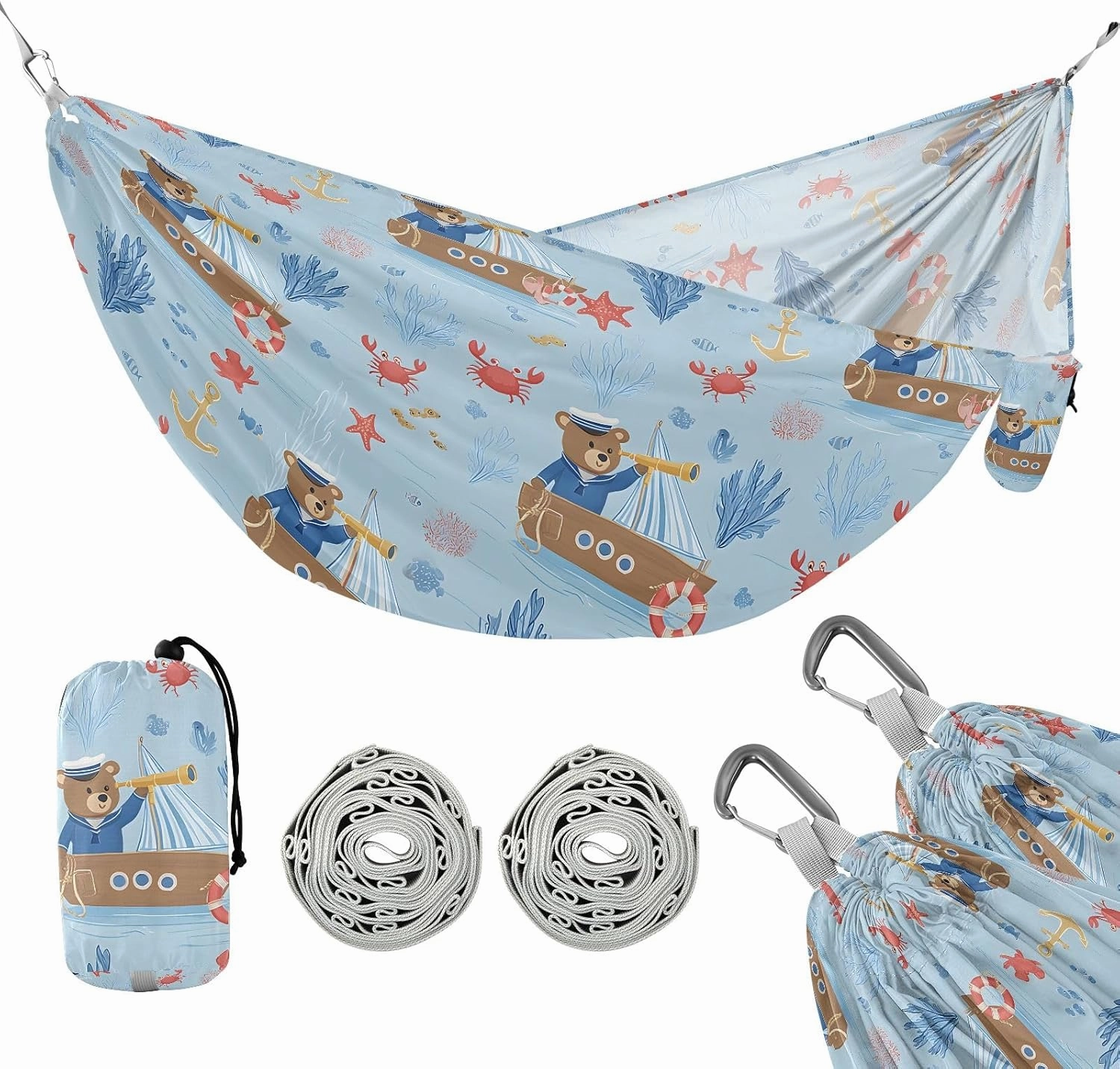 Camping Hammock Outdoor Hammocks for Outside Sea Captain Bear Cartoon Beach Trees Portable Lightweight with Pockets Tree Straps Indoor Small
