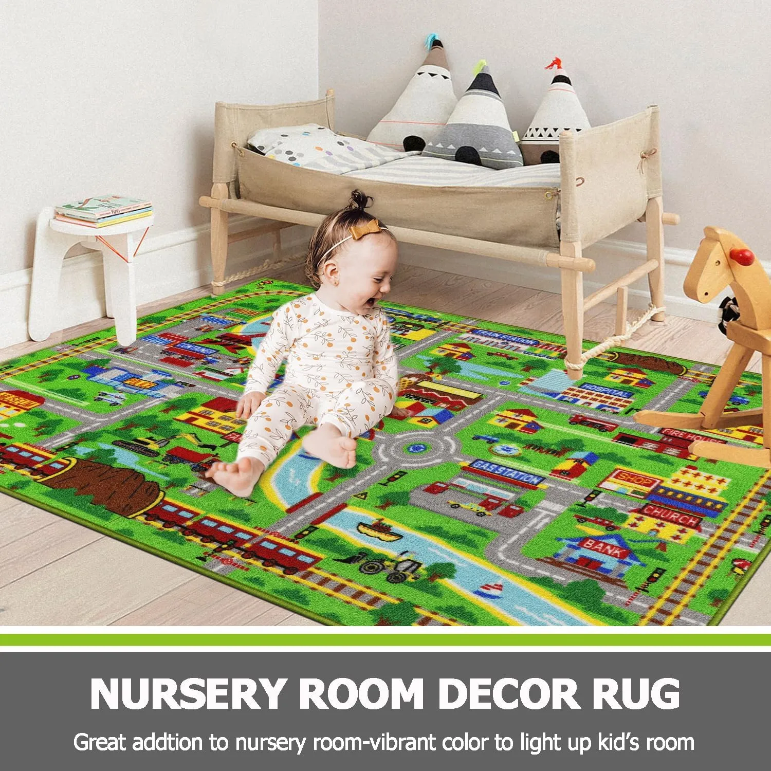 Capslpad Kids Rug for Playroom 3'3" x 5'2" Educational Learning Kid Play Area Rug Large Traffic Road Cars Rug Play Mat for Kids Toy Nursery Rug Kids Car Carpet for Living Room Home Decor Green