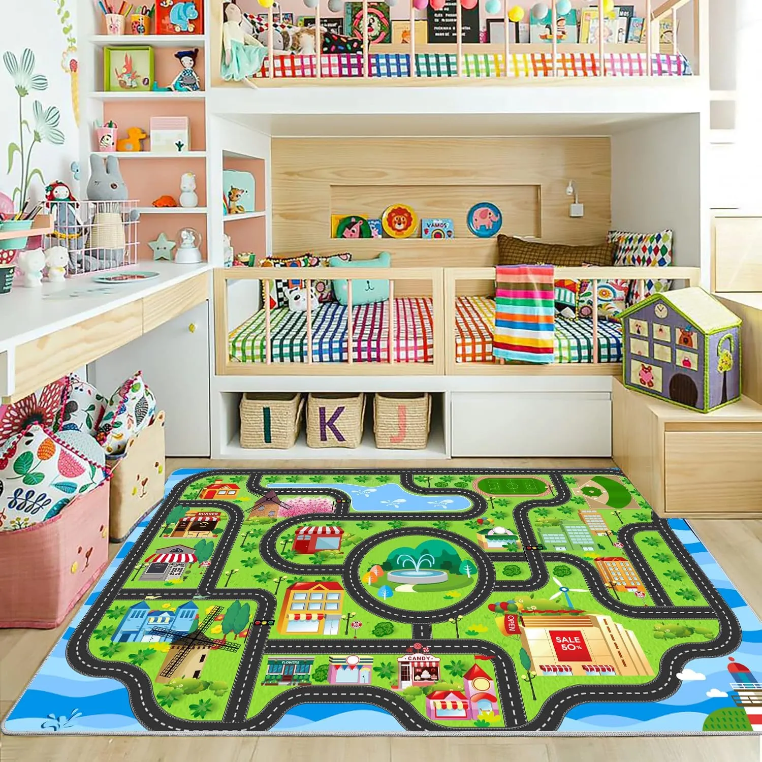 Car Rug,Kids Play Rug with Roads,Playroom Toy Car Rug, Car Track Rug City Map for Bedroom Classroom - (59X39.4 Inches)
