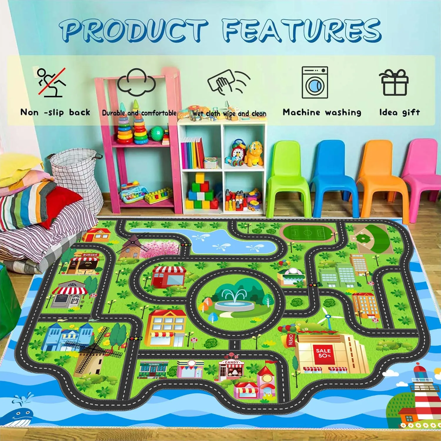 Car Rug,Kids Play Rug with Roads,Playroom Toy Car Rug, Car Track Rug City Map for Bedroom Classroom - (59X39.4 Inches)