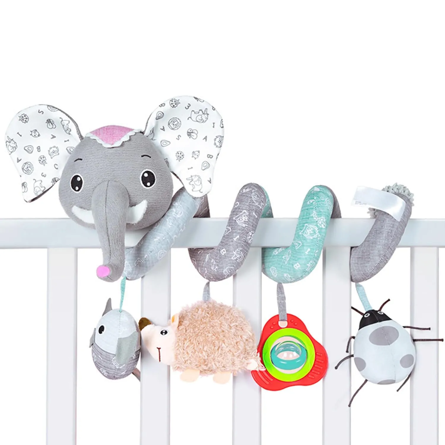 Car Seat Toys, Spiral Cartoon Elephant Crib Toys Hanging with Music Box & BB Squeaker Rattles, Stretchable & Soft for Boys, Girls Gift.