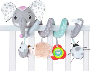 Car Seat Toys, Spiral Cartoon Elephant Crib Toys Hanging with Music Box & BB Squeaker Rattles, Stretchable & Soft for Boys, Girls Gift