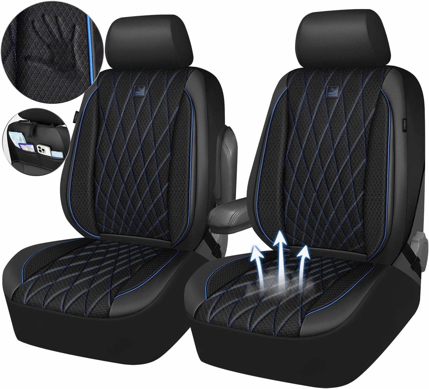 CAR PASS Thick Foam 3D Air Mesh Leather Car Seat Covers Front Seats Only, Breathable Premuim Leather Two Front Seat Cover, Airbag Compatible Universal Fit for Most Sedan Van Truck SUV,Black and Blue