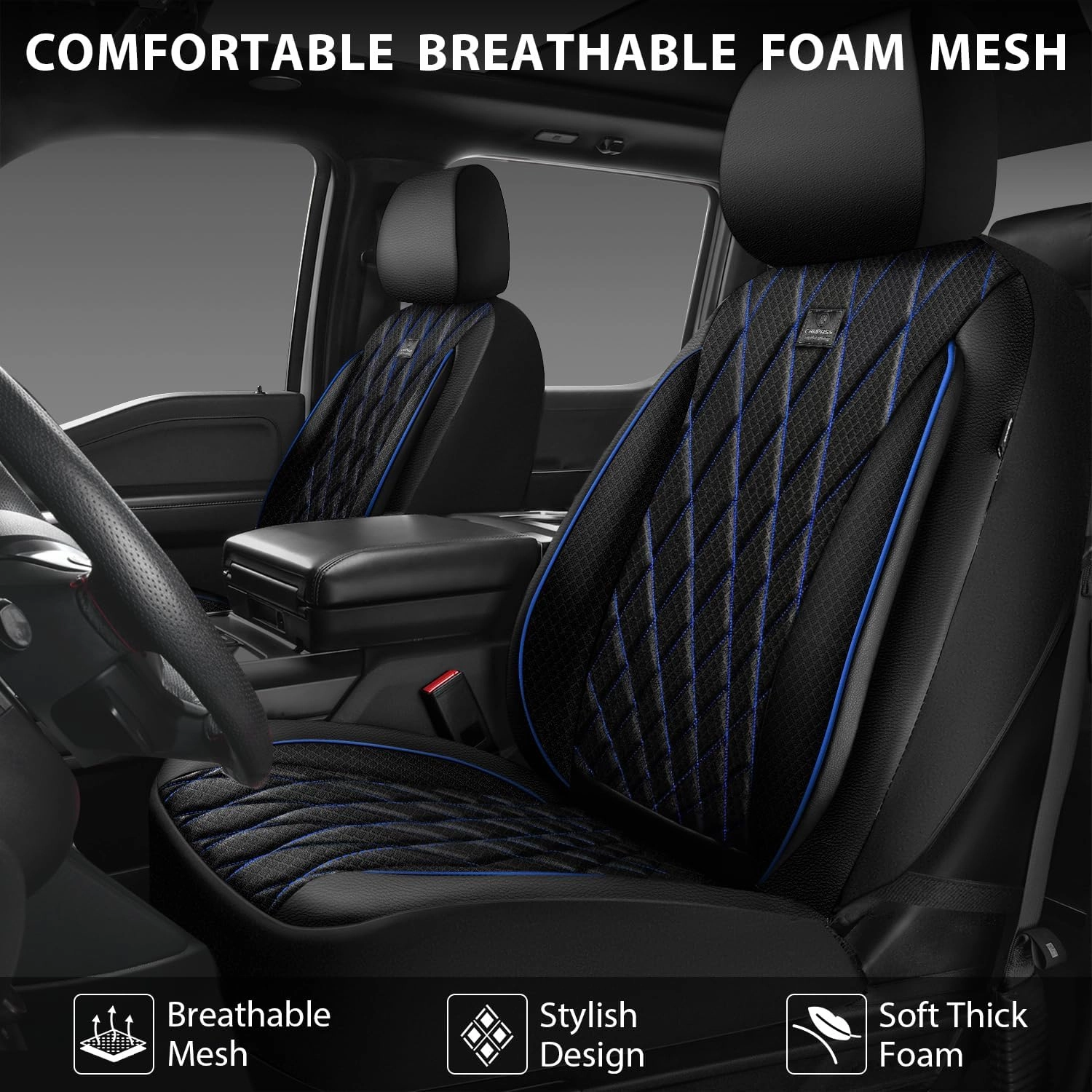 CAR PASS Thick Foam 3D Air Mesh Leather Car Seat Covers Front Seats Only, Breathable Premuim Leather Two Front Seat Cover, Airbag Compatible Universal Fit for Most Sedan Van Truck SUV,Black and Blue