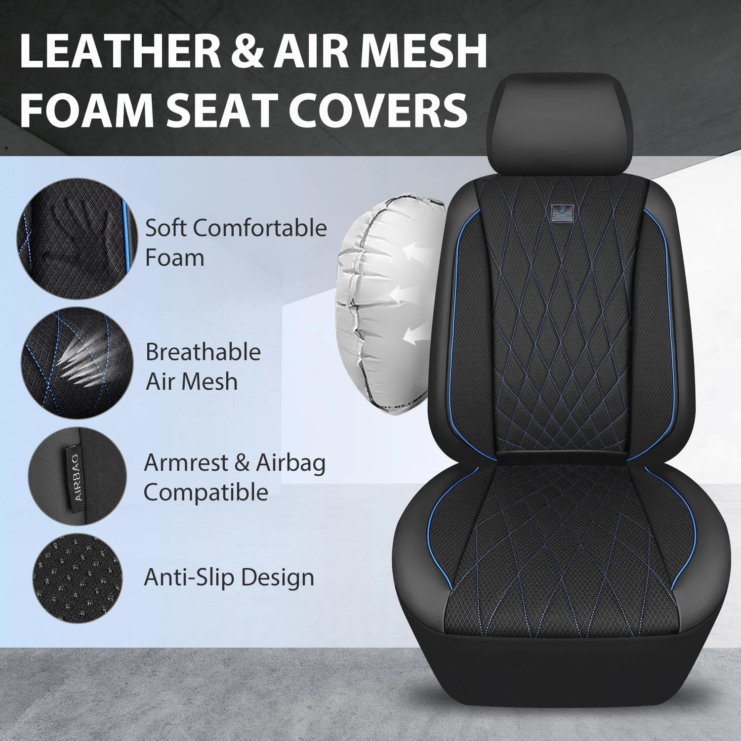CAR PASS Thick Foam 3D Air Mesh Leather Car Seat Covers Front Seats Only, Breathable Premuim Leather Two Front Seat Cover, Airbag Compatible Universal Fit for Most Sedan Van Truck SUV,Black and Blue