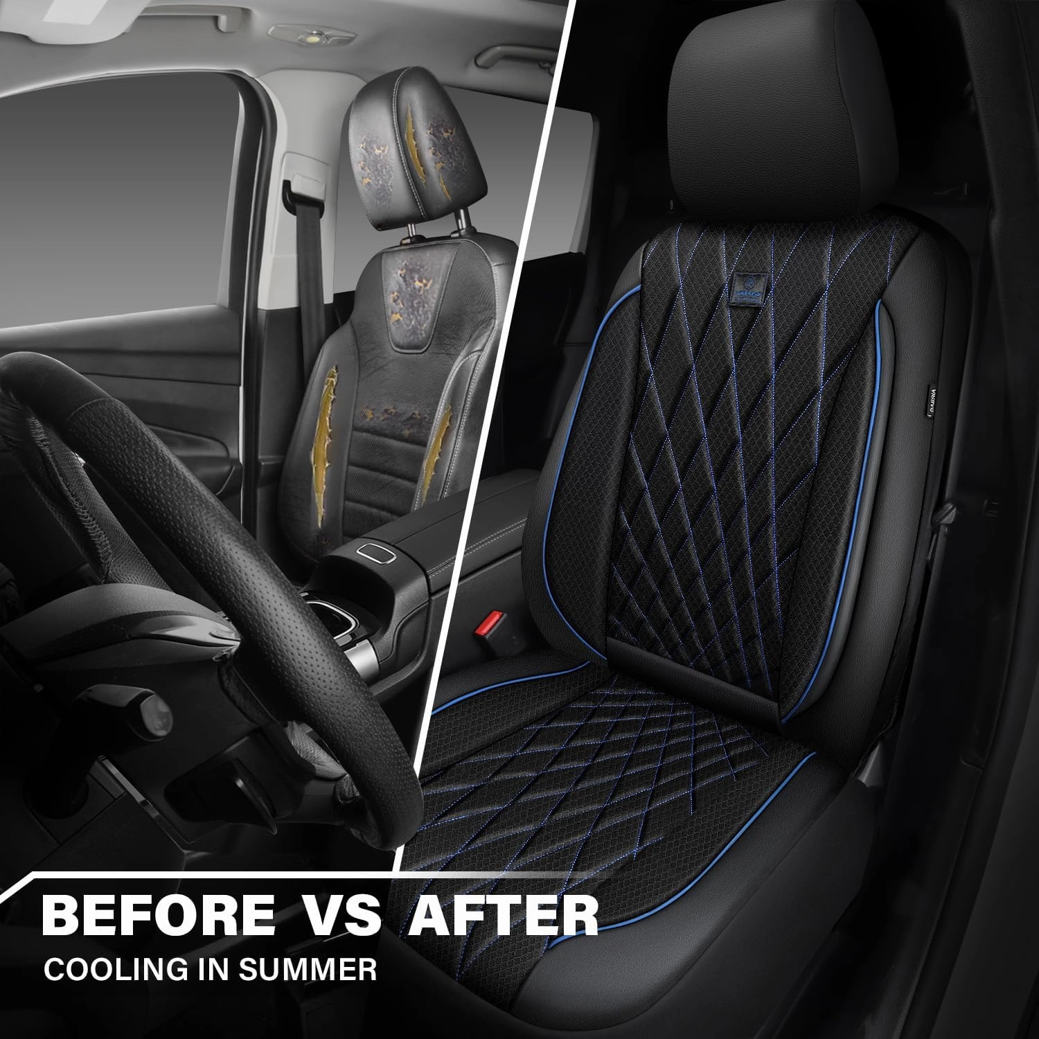 CAR PASS Thick Foam 3D Air Mesh Leather Car Seat Covers Front Seats Only, Breathable Premuim Leather Two Front Seat Cover, Airbag Compatible Universal Fit for Most Sedan Van Truck SUV,Black and Blue