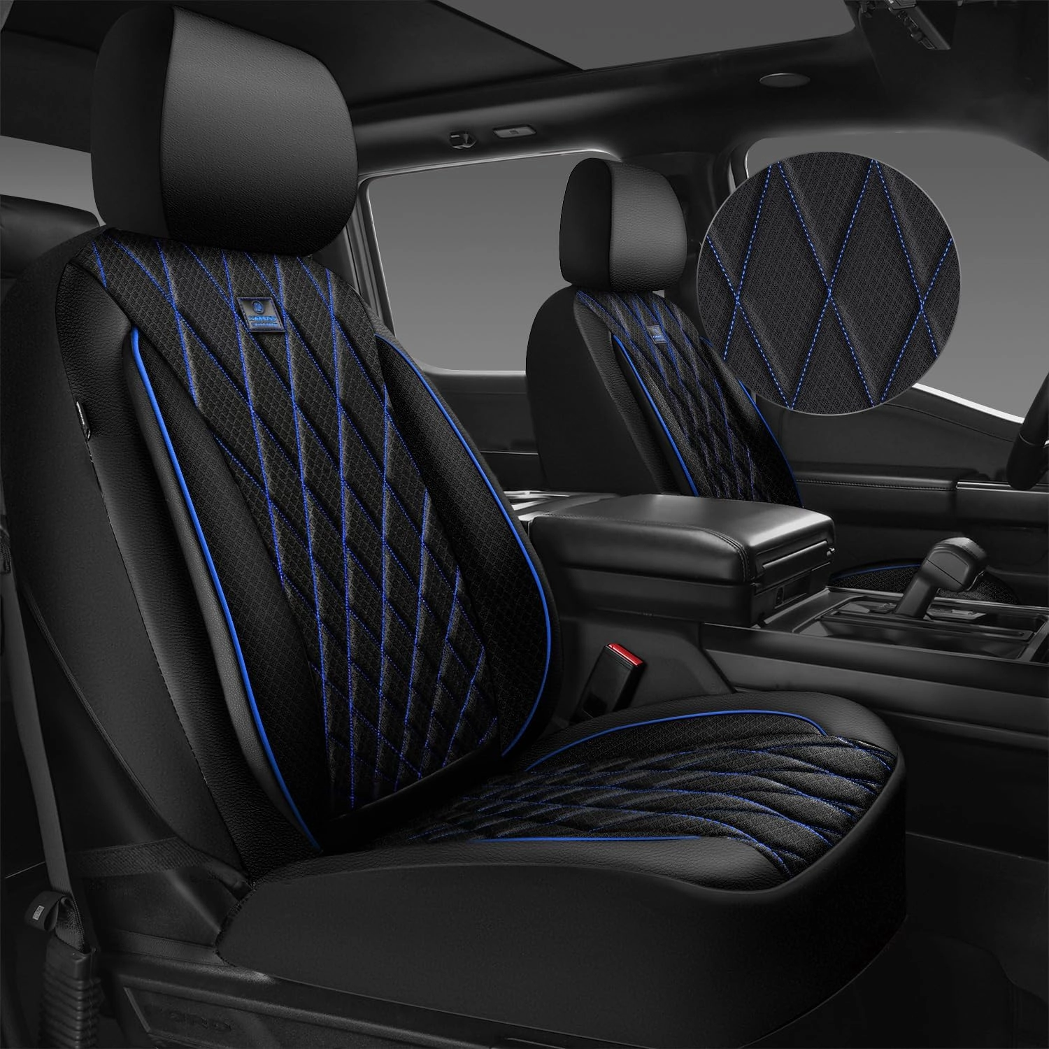 CAR PASS Thick Foam 3D Air Mesh Leather Car Seat Covers Front Seats Only, Breathable Premuim Leather Two Front Seat Cover, Airbag Compatible Universal Fit for Most Sedan Van Truck SUV,Black and Blue