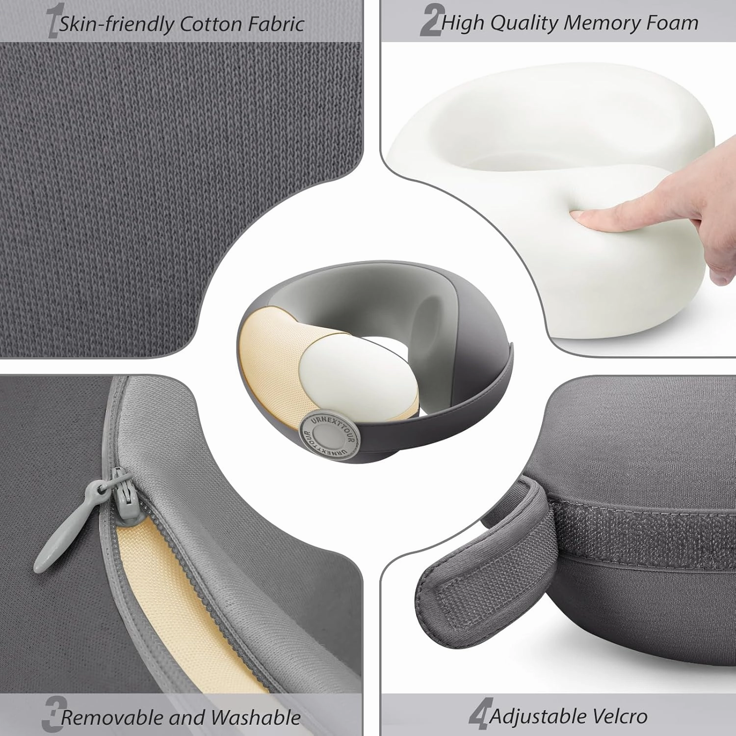 Car Pillow for Big Kids Travel Neck Pillows, Memory Foam Neck Support Travelling Pillow with Washable Cotton Pillowcases and Storage Bag, for Airplane, Train, Flight and Home Use Grey