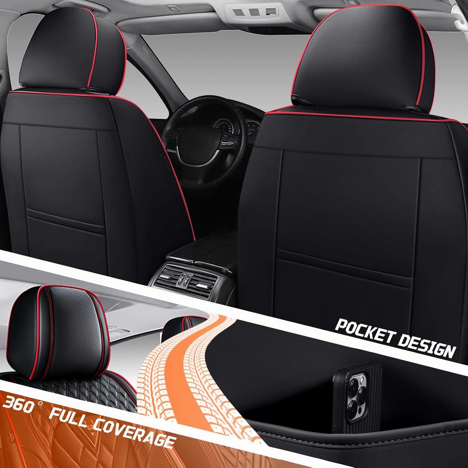 Car Seat Covers Fit for Lincoln Nautilus 2019-2025,5 Seat Comfort Non-Slip Seat Cover Airbag Compatible,Waterproof Leather Seat Covers(Standard 5 Seat,Black Red)
